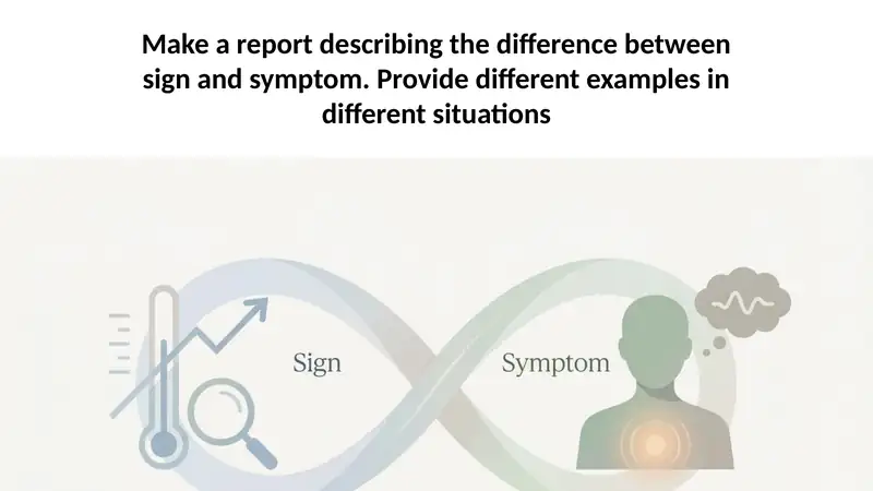 Make a report describing the difference between sign and symptom. Provide different examples in dif