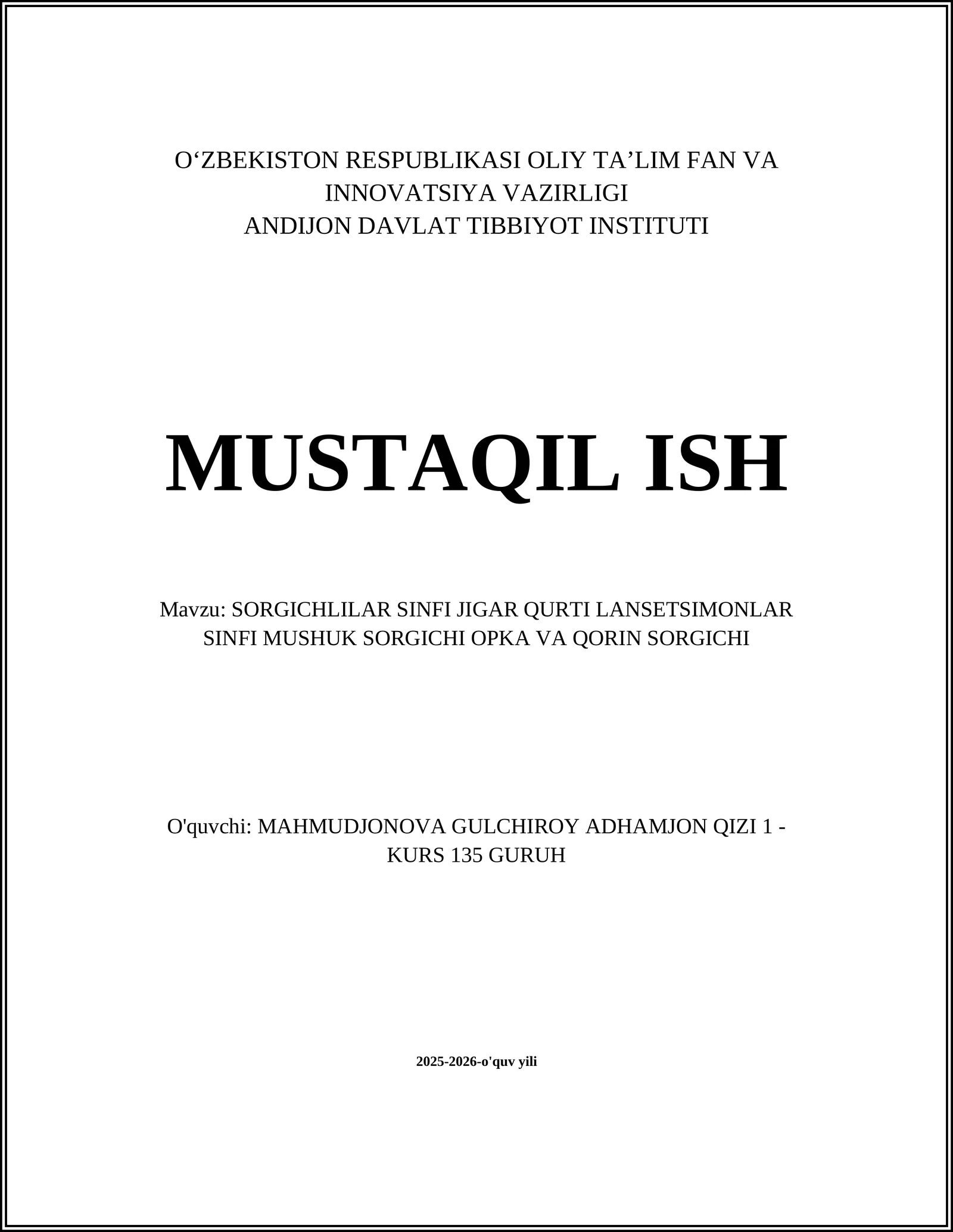SORGICHLILAR SINFI JIGAR QURTI LANSETSIMONLAR SINFI MUSHUK SORGICHI OPKA VA QORIN SORGICHI