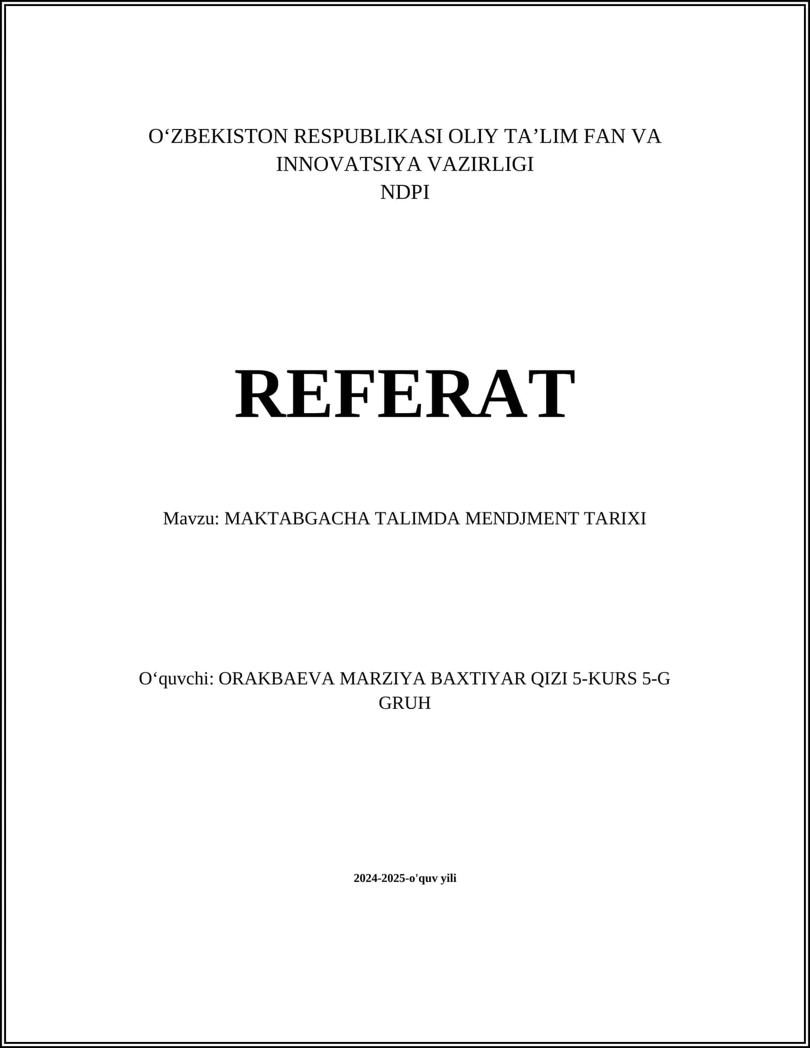 MAKTABGACHA TALIMDA MENDJMENT TARIXI