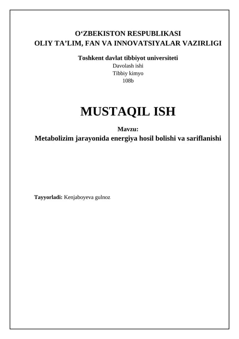 Metabolizm va energiya ishlab chiqarish