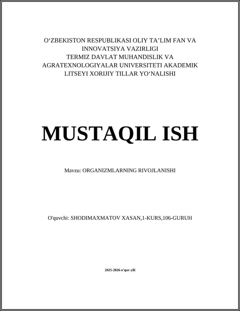 ORGANIZMLARNING RIVOJLANISHI