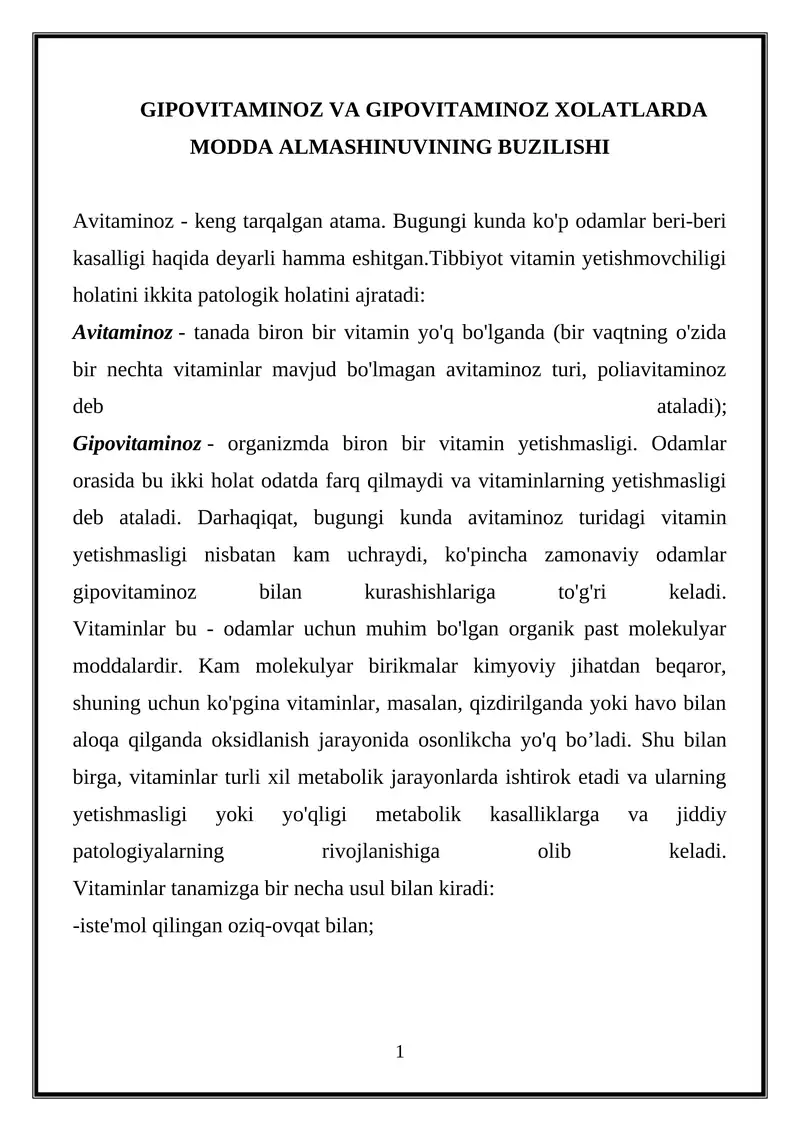 Avitaminoz va Gipovitaminoz Xolatlarda Modda Almashinuvi