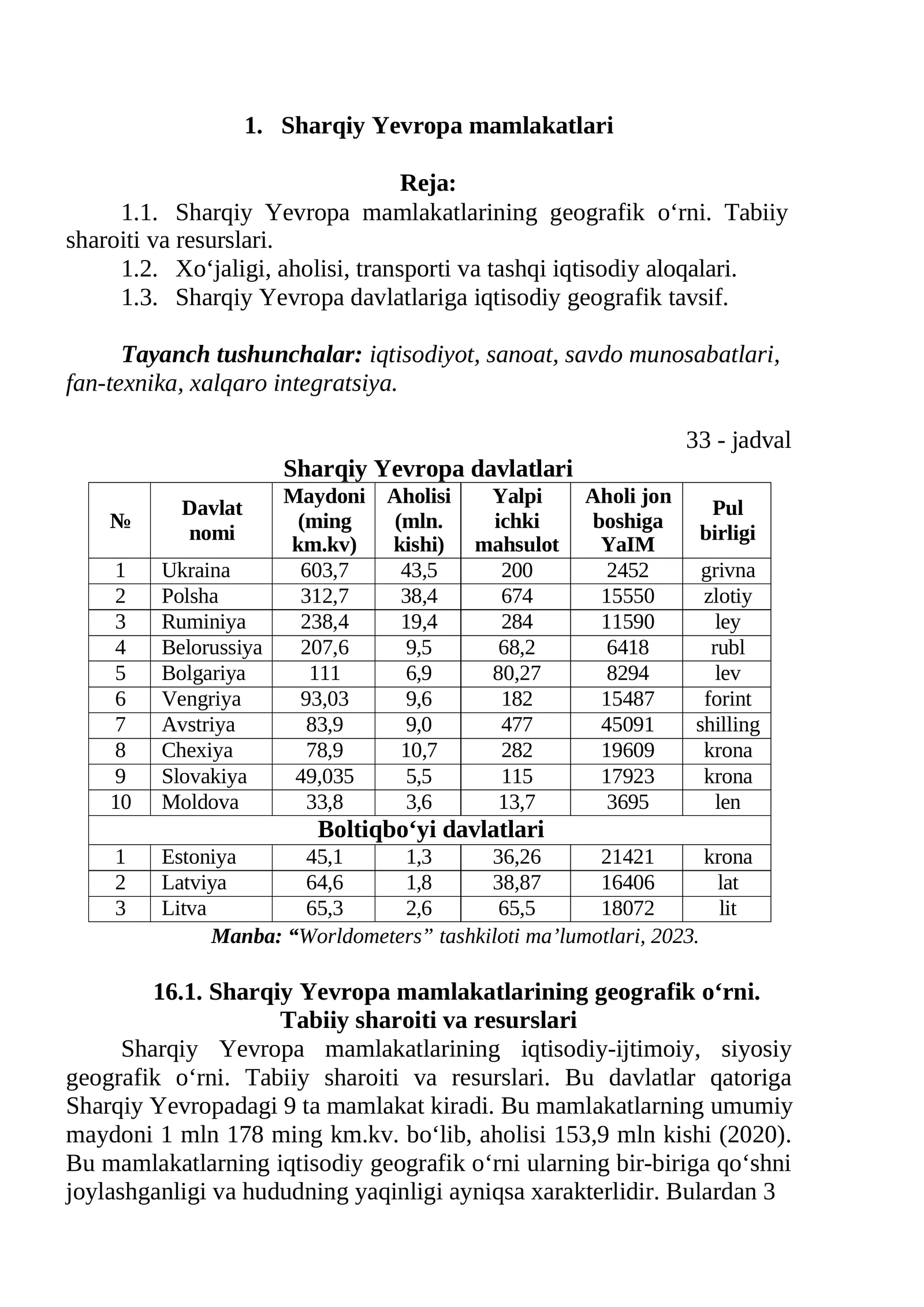 Sharqiy Yevropa mamlakatlari Reja