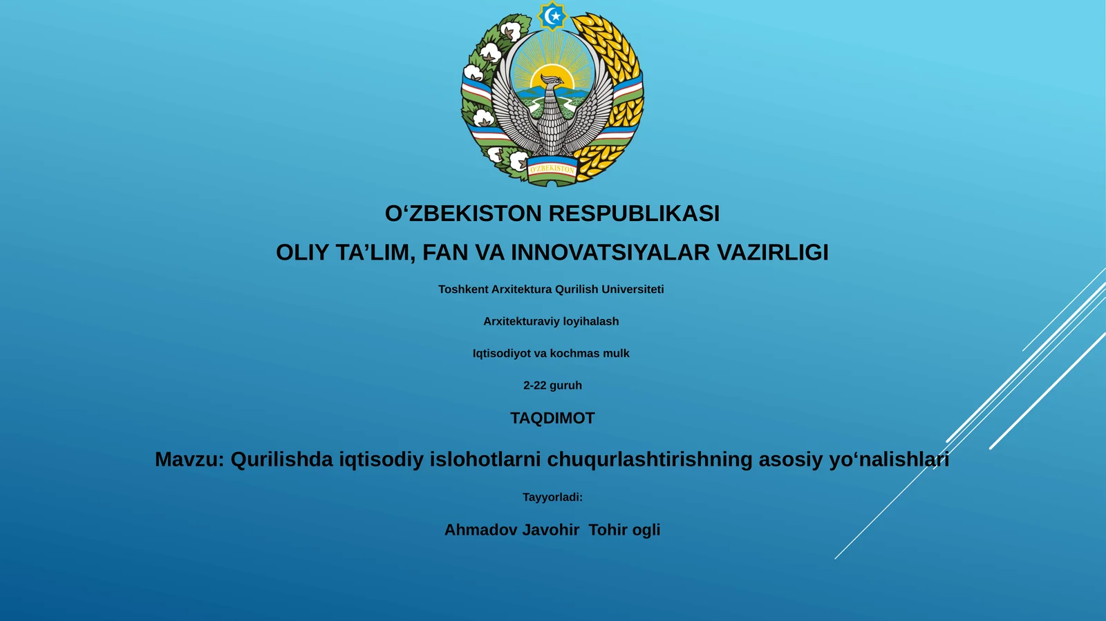 Qurilishda iqtisodiy islohotlarni chuqurlashtirishning asosiy yo‘nalishlari