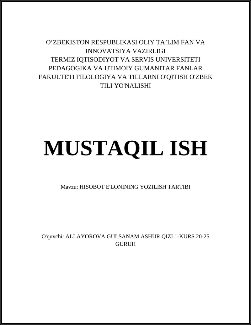 HISOBOT E'LONINING YOZILISH TARTIBI