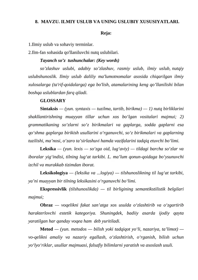 ILMIY USLUB VA UNING USLUBIY XUSUSIYATLARI