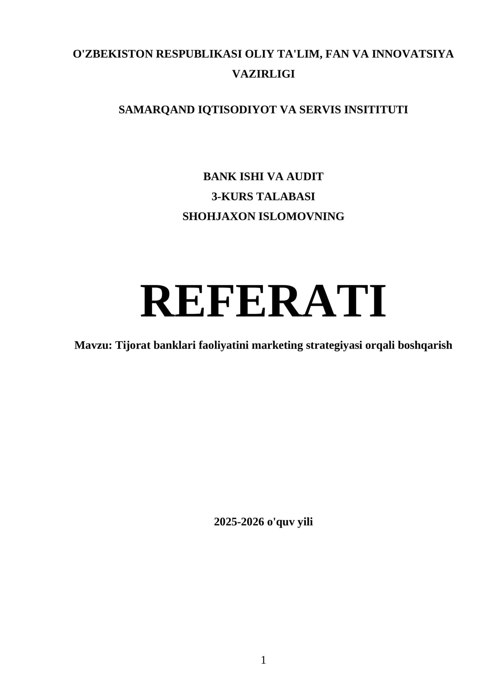Tijorat banklari faoliyatini marketing strategiyasi orqali boshqarish