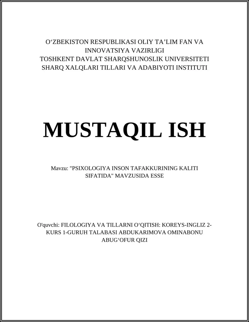 "PSIXOLOGIYA INSON TAFAKKURINING KALITI SIFATIDA" MAVZUSIDA ESSE