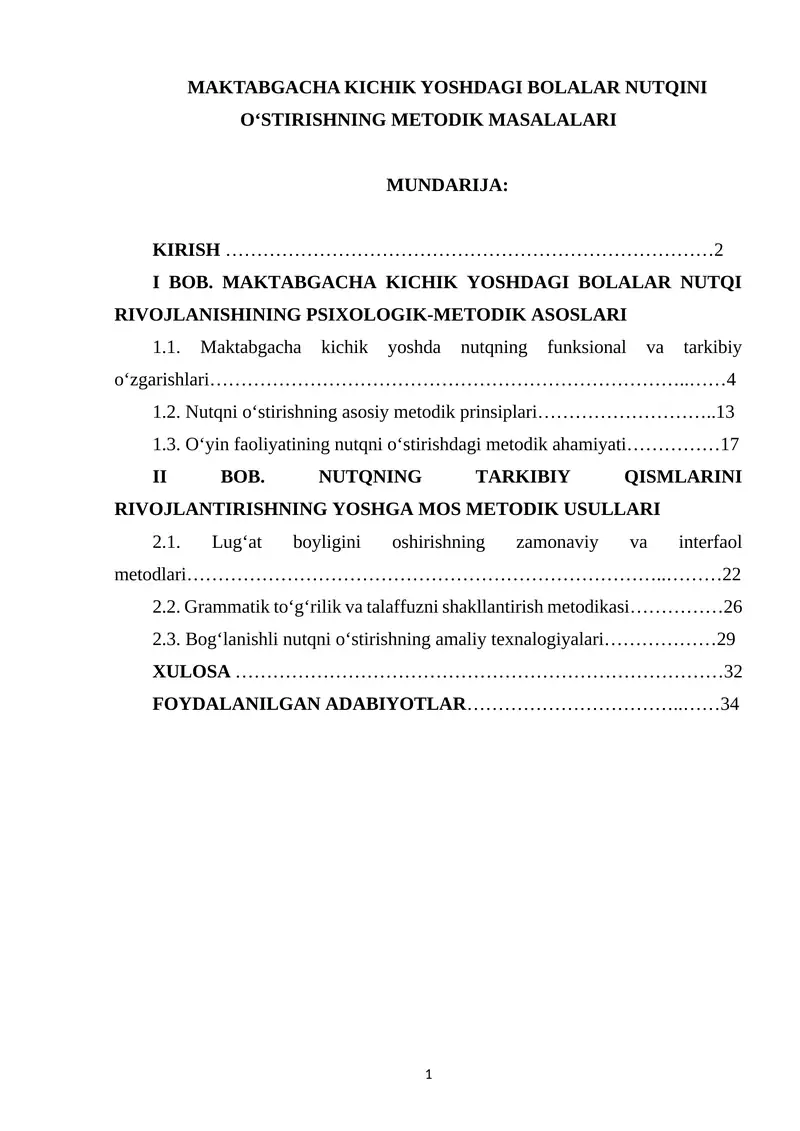 MAKTABGACHA KICHIK YOSHDAGI BOLALAR NUTQINI O‘STIRISHNING METODIK MASALALARI