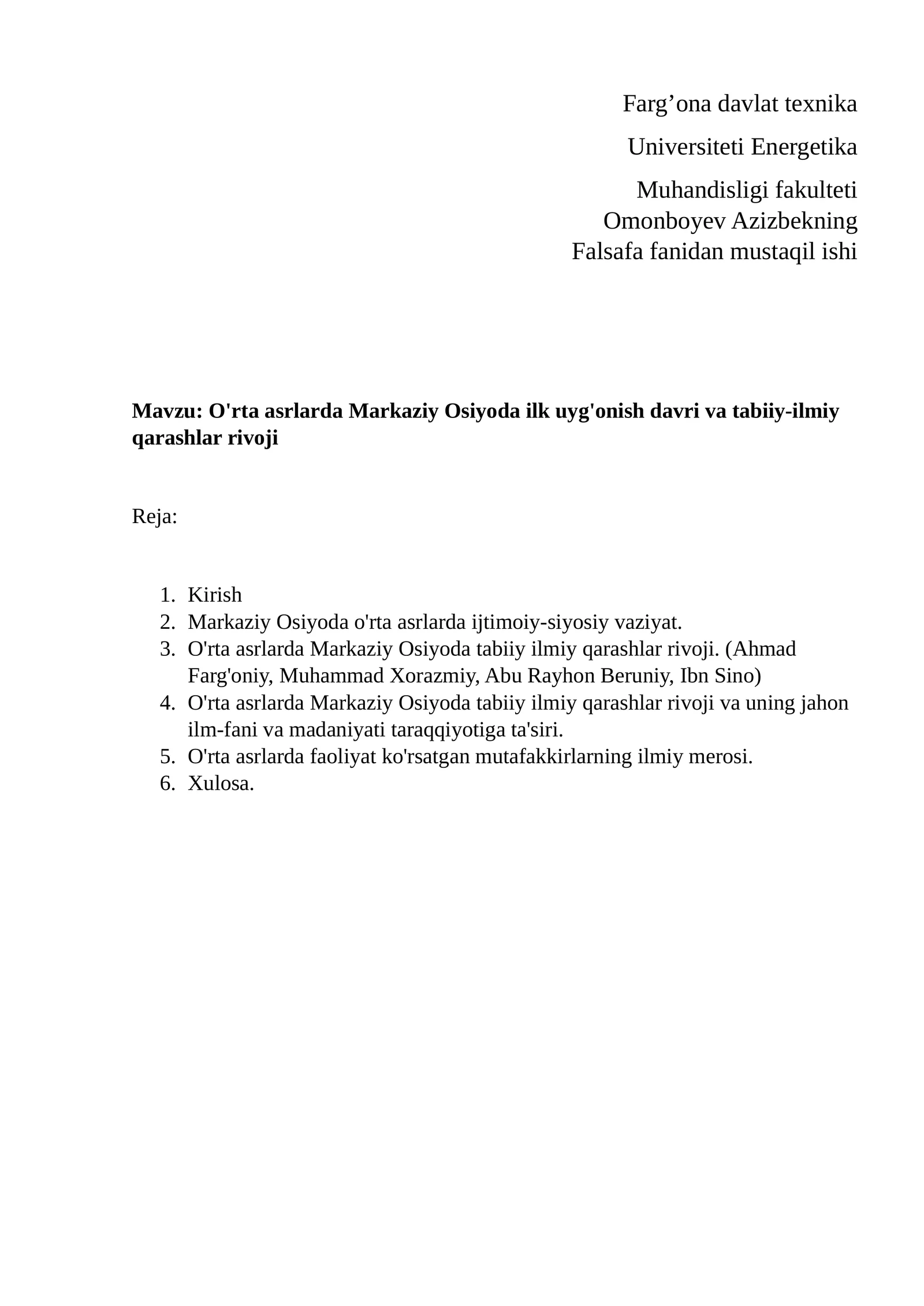 O'rta asrlarda Markaziy Osiyoda ilk uyg'onish davri va tabiiy-ilmiy qarashlar rivoji