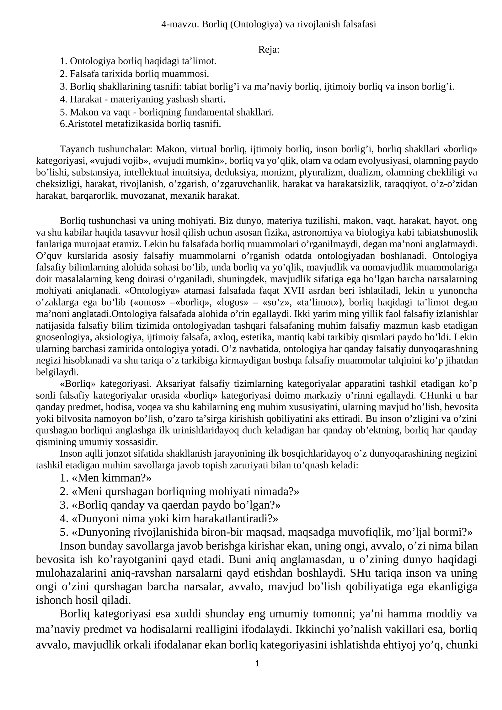 4-mavzu. Borliq (Ontologiya) va rivojlanish falsafasi