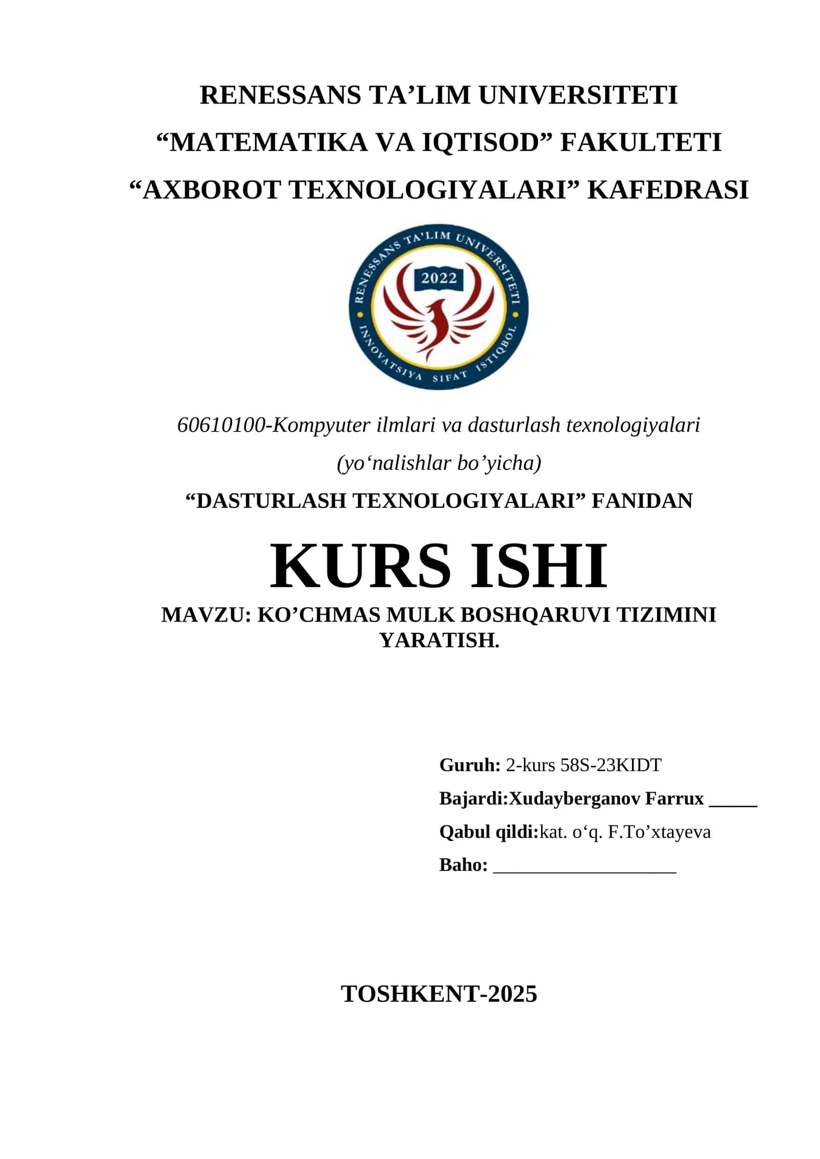 Kurs ishi: Ko’chmas Mulk Boshqaruvini Yaratish