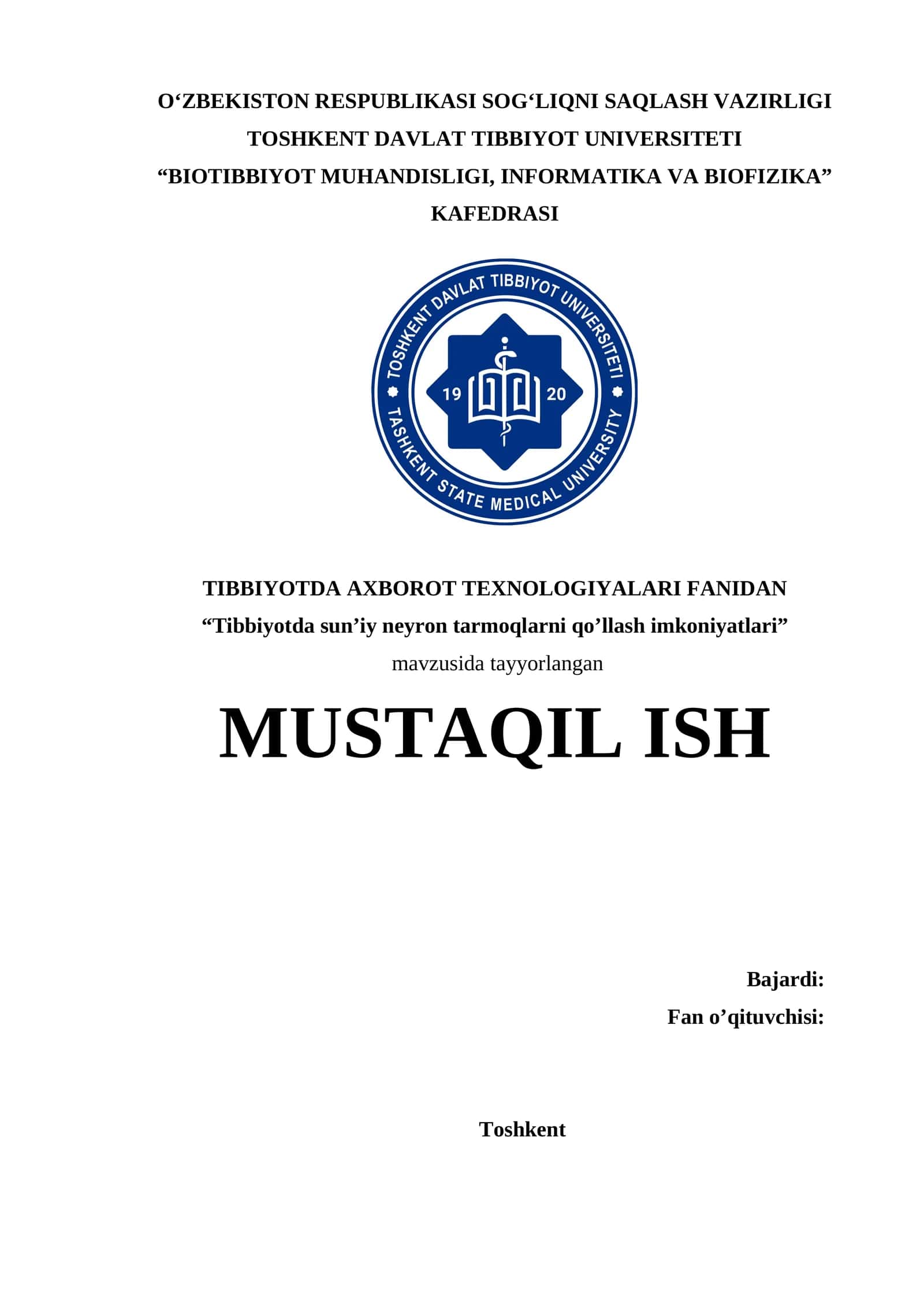 Tibbiyotda sun'iy neyron tarmoqlarni qoʻllash imkoniyatlari
