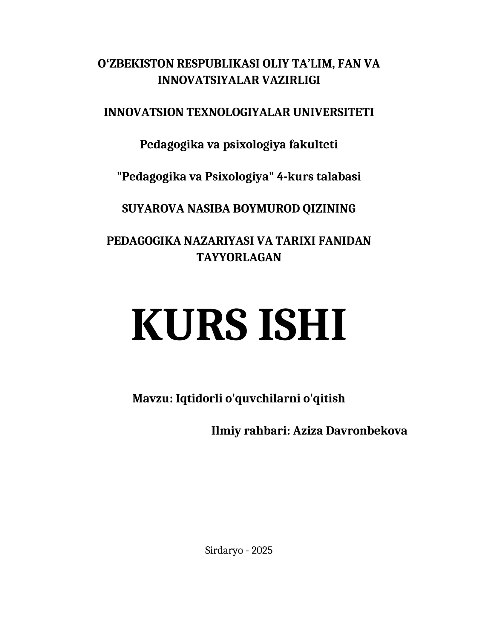 PEDAGOGIKA NAZARIYASI VA TARIXI FANIDAN TAYYORLAGAN KURS ISHI