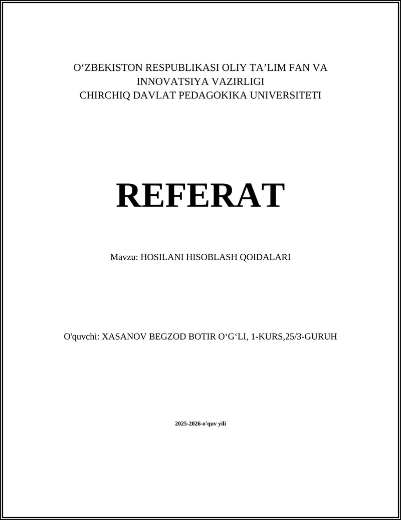 HOSILANI HISOBLASH QOIDALARI