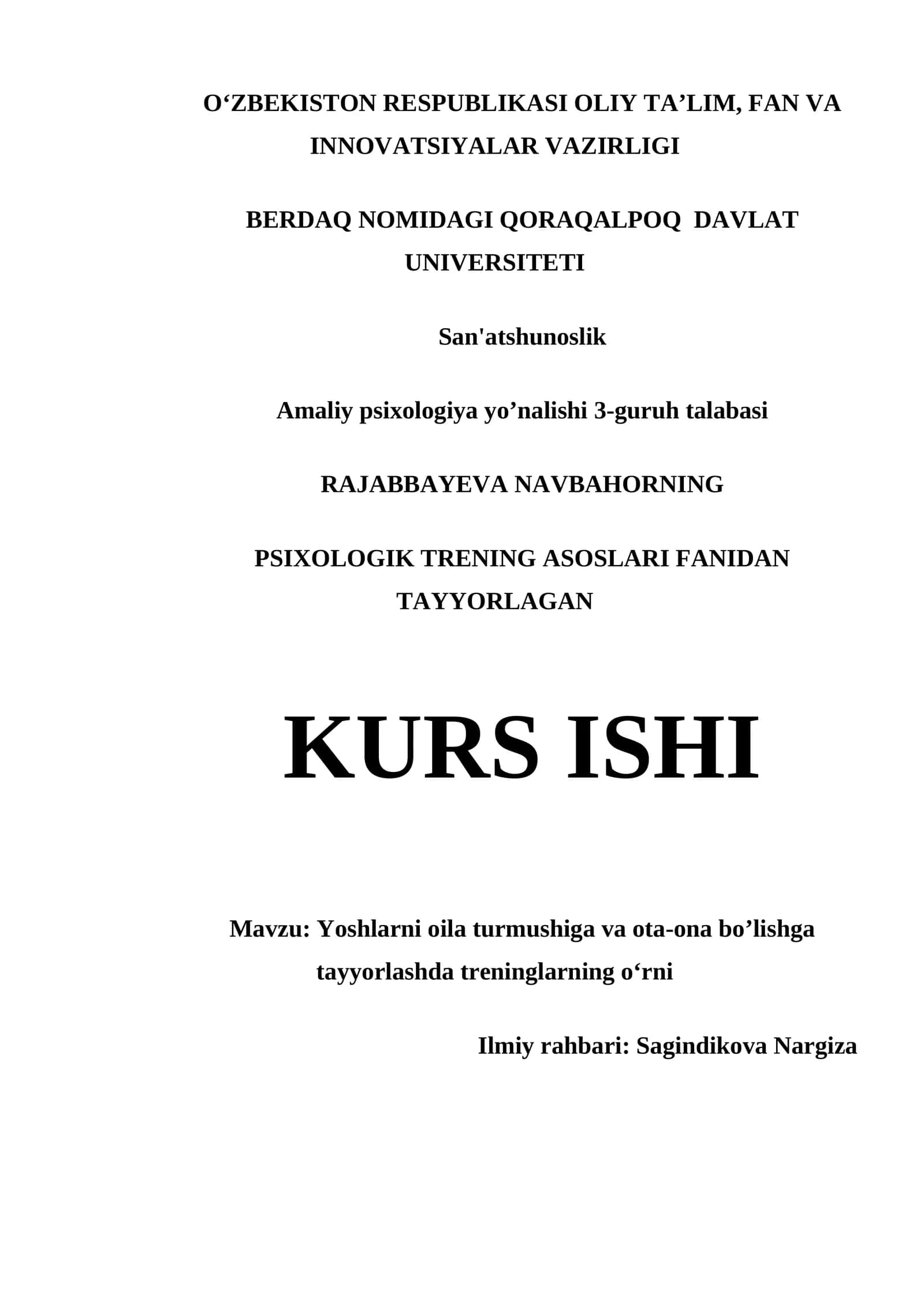 YOSHLARNI OILA TURMUSHIGA VA OTA-ONA BOʼLISHGA TAYYORLASHDA TRENINGLARNING OʻRNI