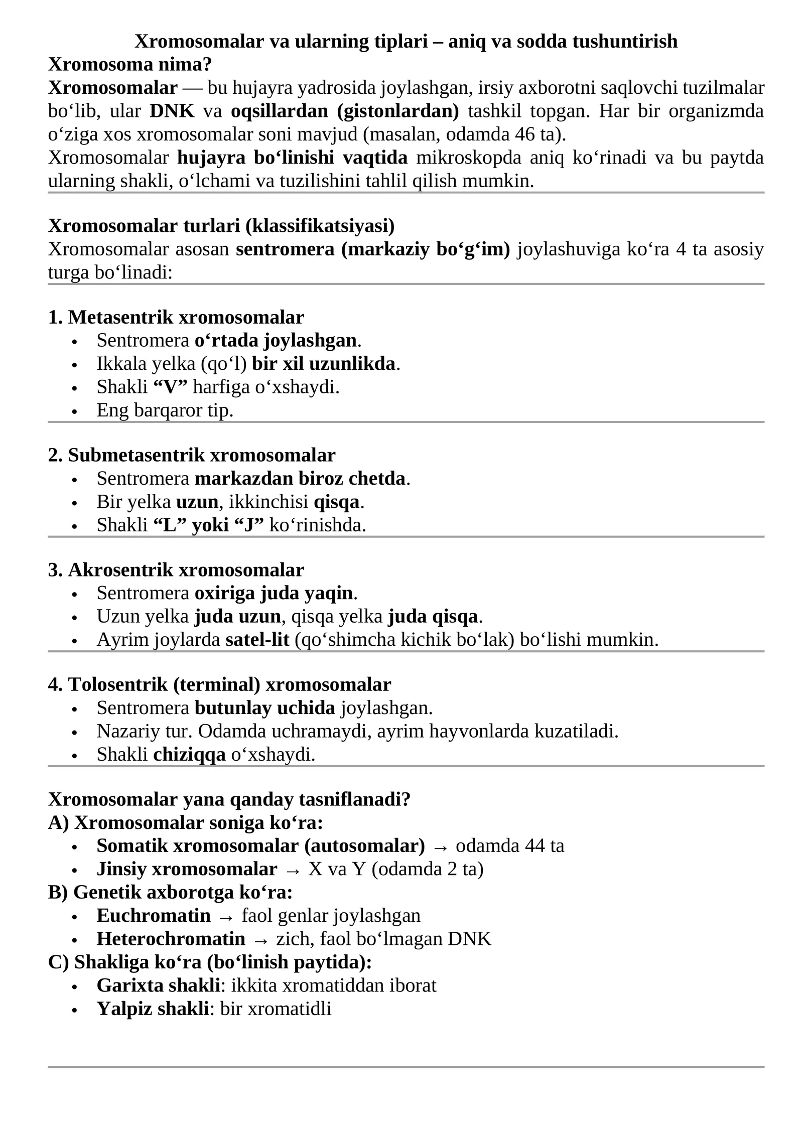 Xromosomalar va ularning tiplari – aniq va sodda tushuntirish