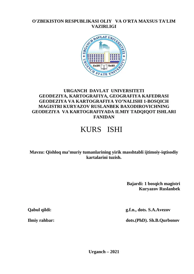 QISHLOQ MA’MURIY TUMANLARINING YIRIK MASSHTABLI IJTIMOIY IQTISODIY KARTASINI TUZISH