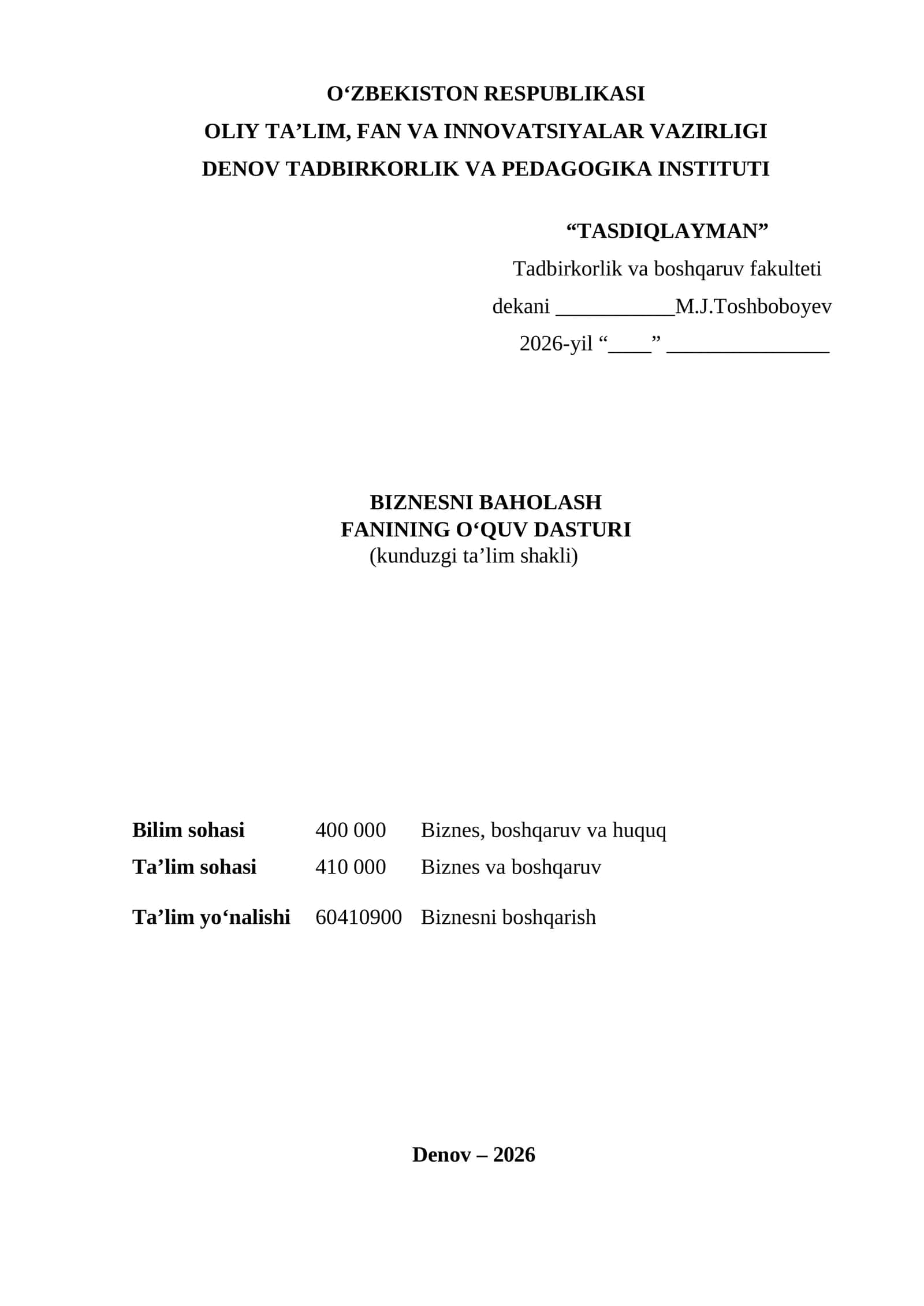 BIZNESNI BAHOLASH FANINING OʻQUV DASTURI