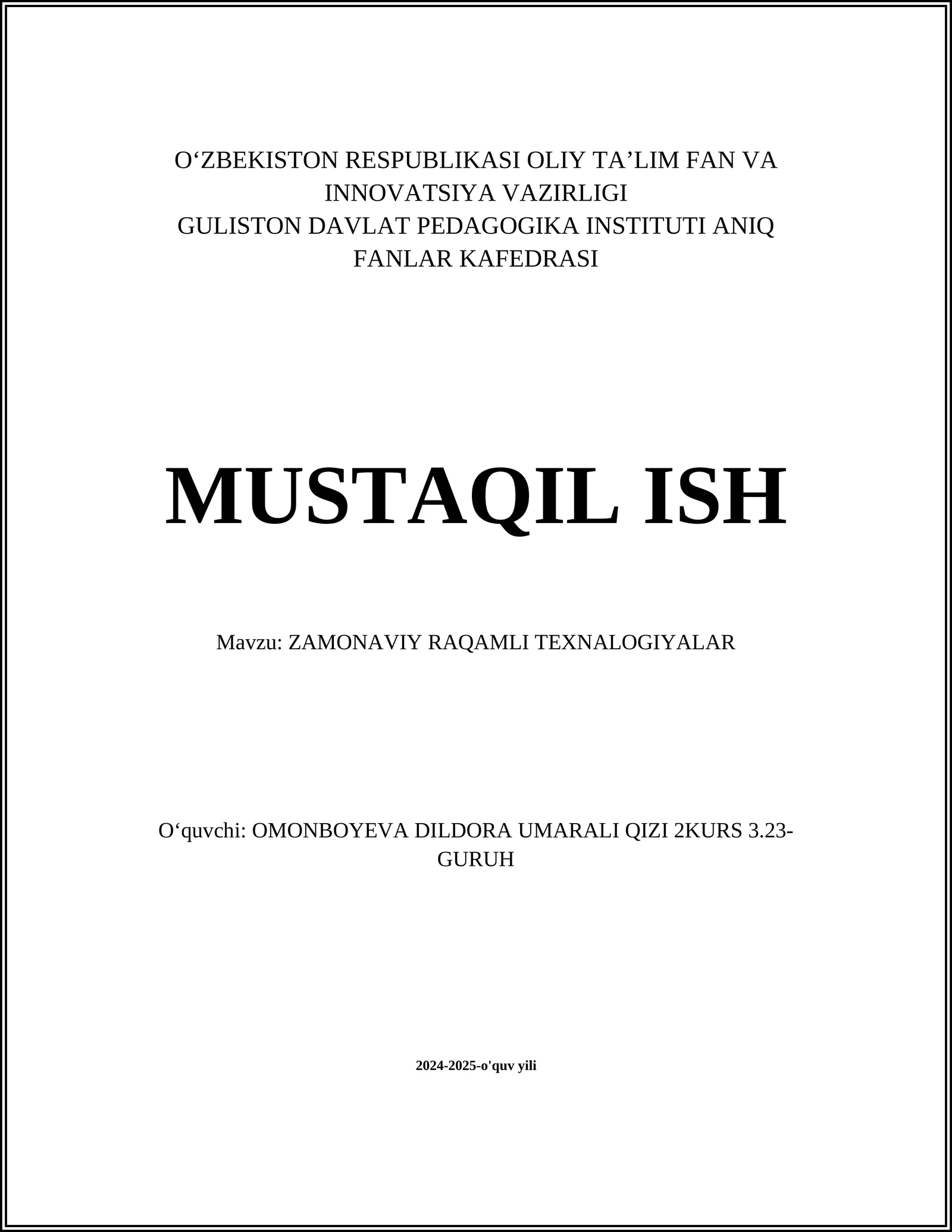 ZAMONAVIY RAQAMLI TEXNALOGIYALAR