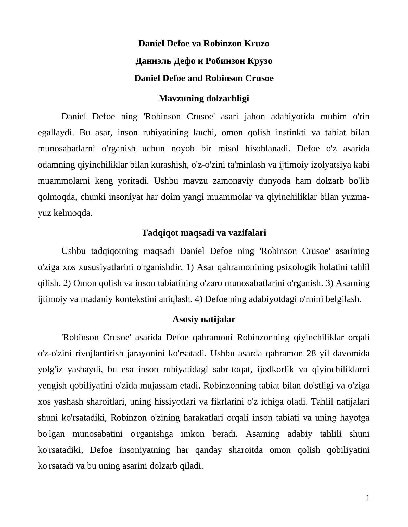 Daniel Defoe va Robinzon Kruzo