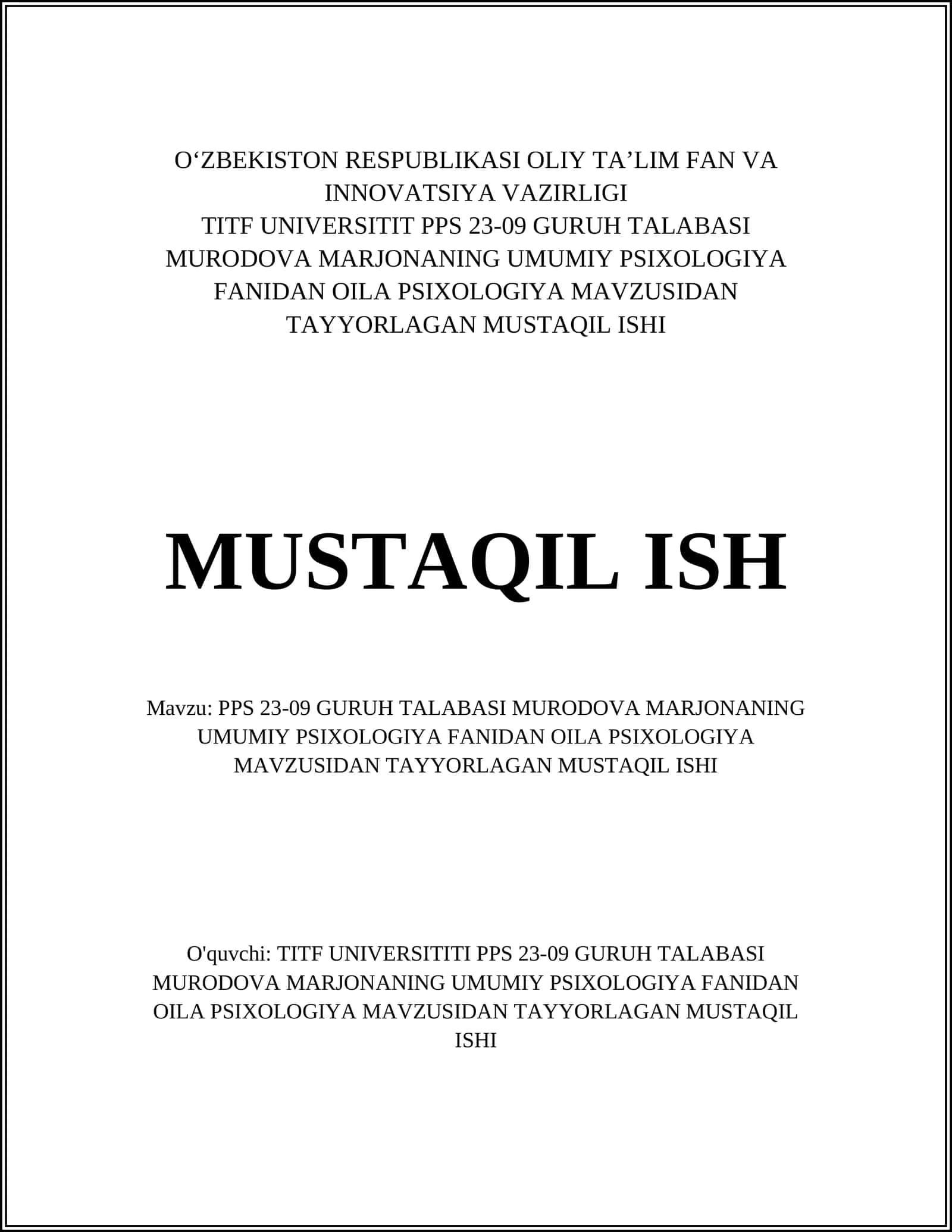 Oila Psixologiyasi Mavzusi