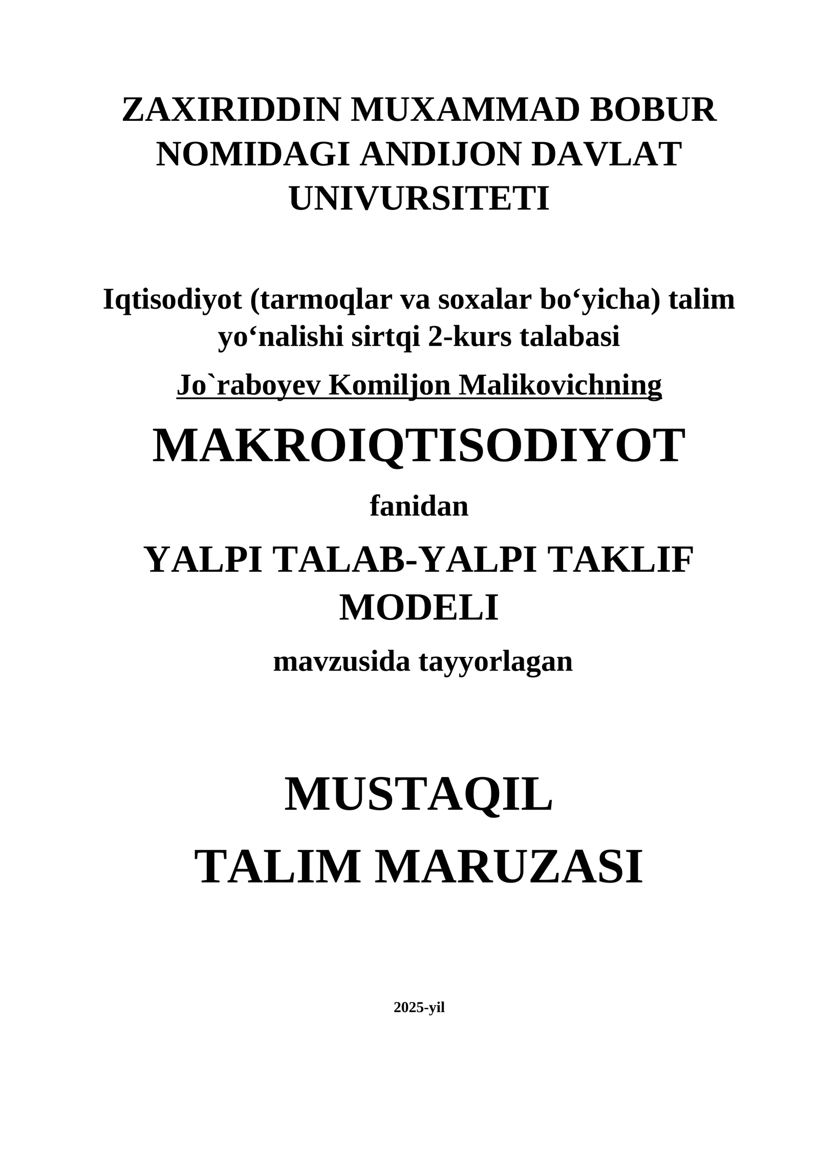 MAKROIQTISODIYOT YALPI TALAB-YALPI TAKLIF MODELI