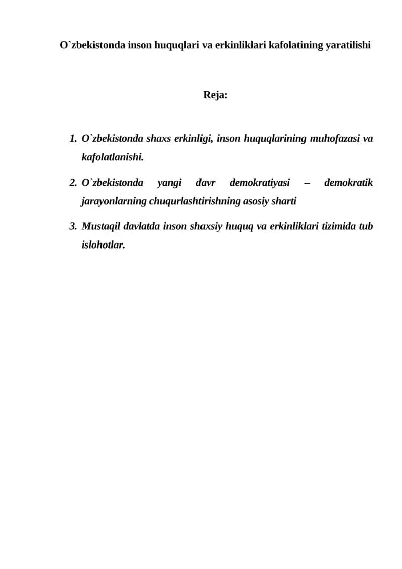 O`zbekistonda inson huquqlari va erkinliklari kafolatining yaratilishi