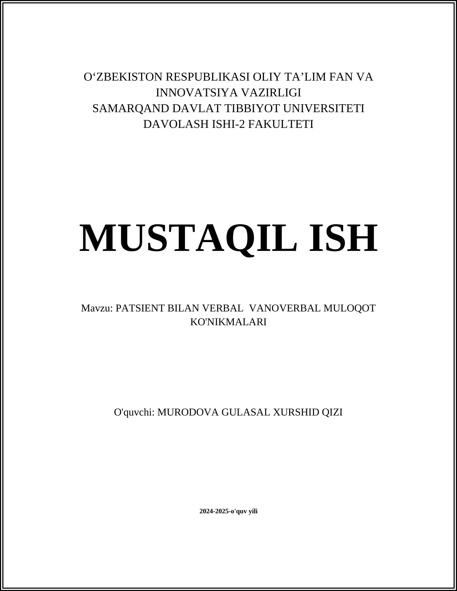 PATSIENT BILAN VERBAL VANOVERBAL MULOQOT KO'NIKMALARI