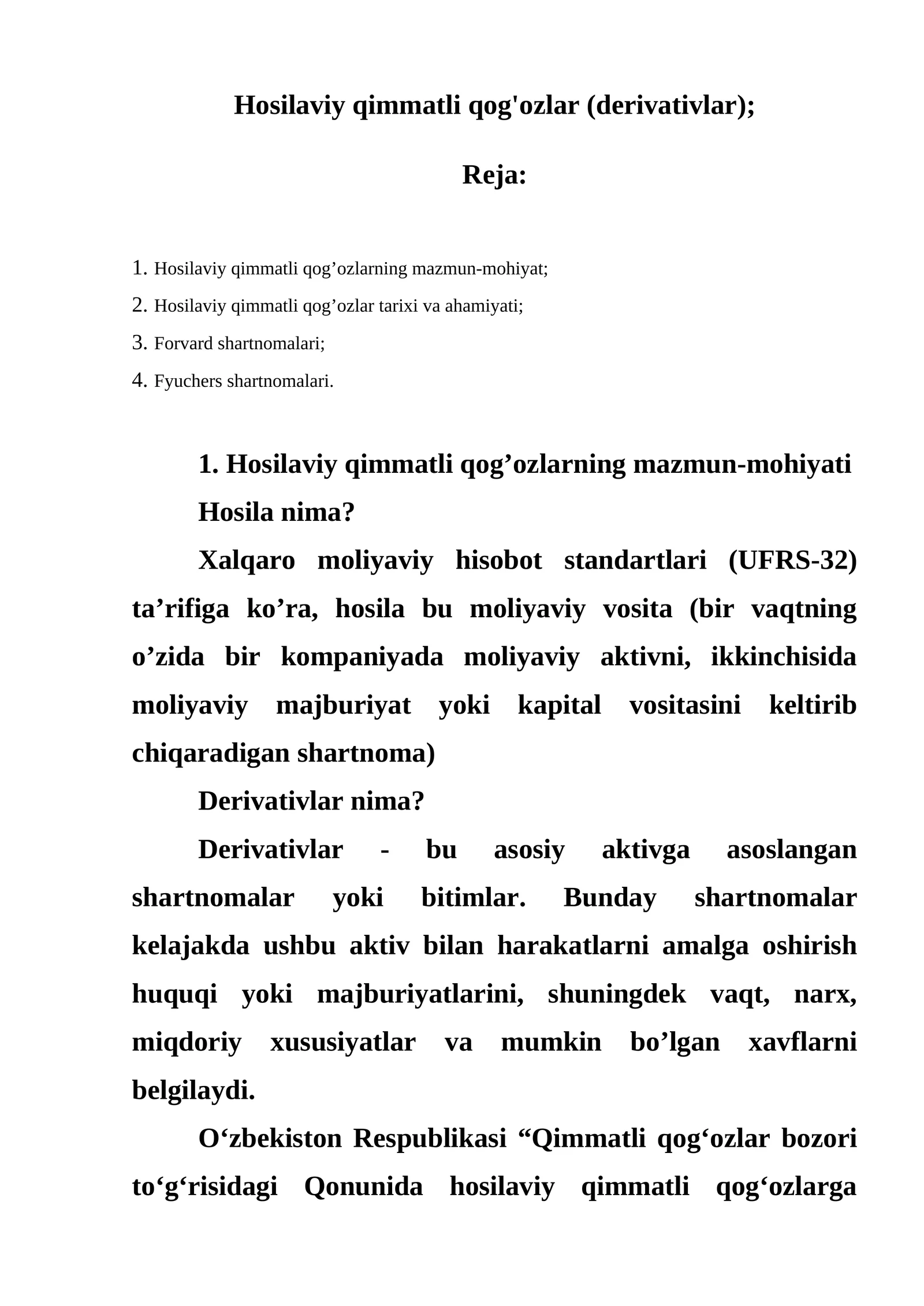 Hosilaviy qimmatli qog'ozlar (derivativlar)