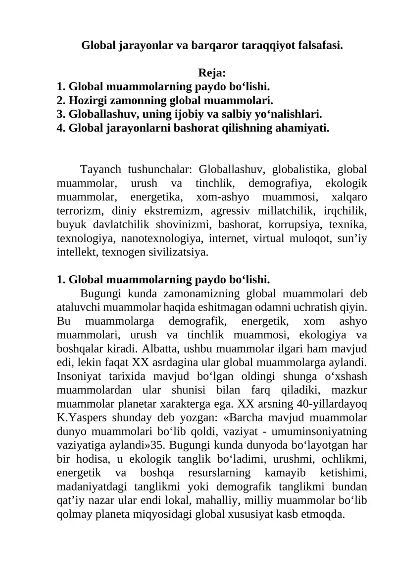 Global jarayonlar va barqaror taraqqiyot falsafasi