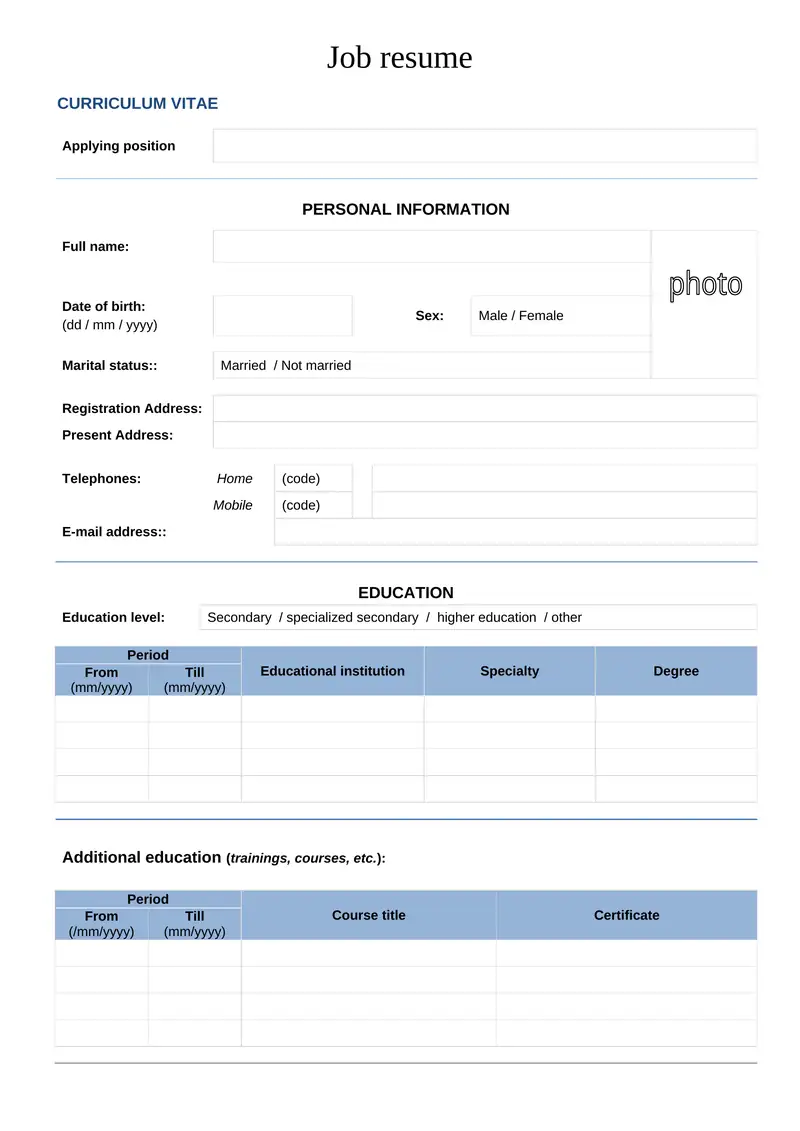 Job resume. Ish uchun rezume, Inglizcha