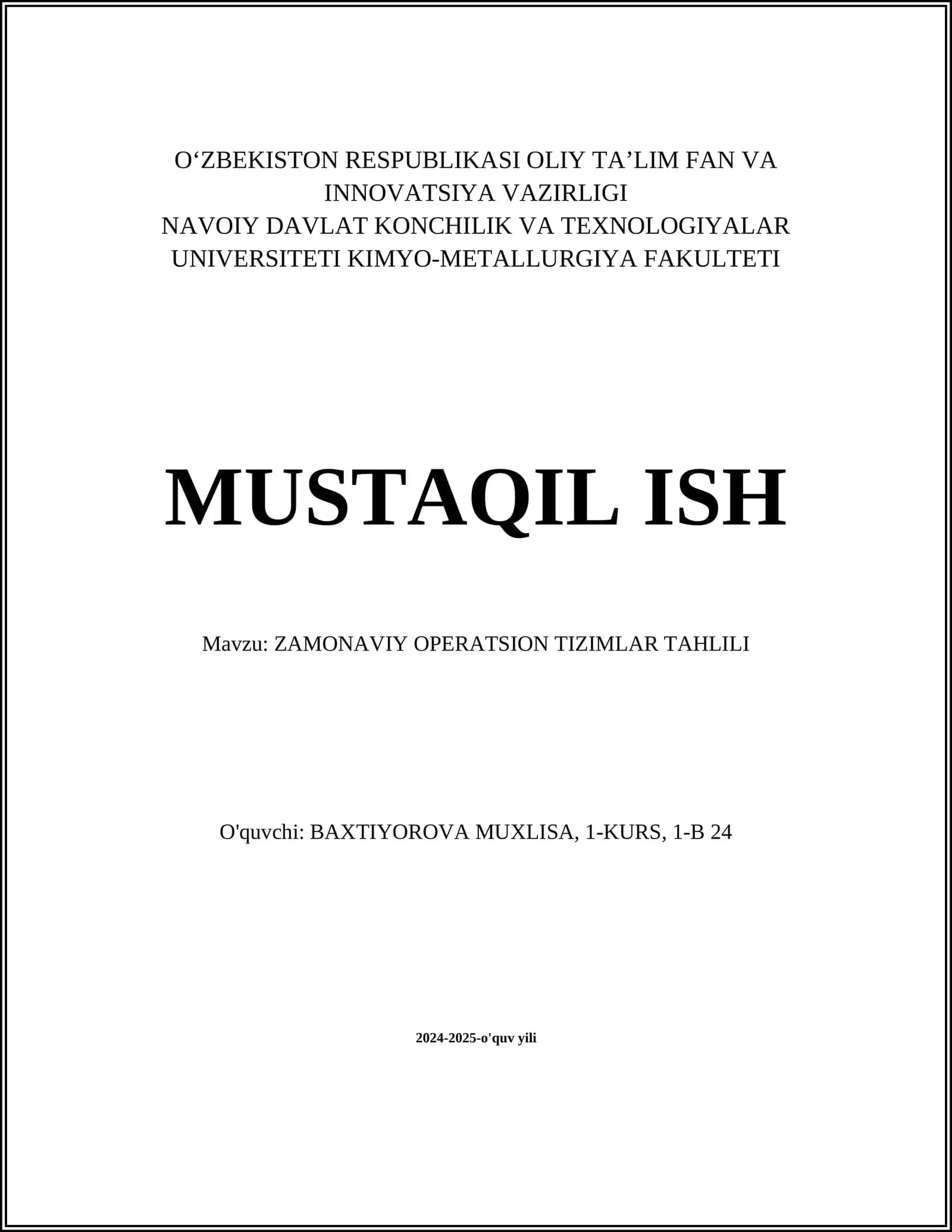 ZAMONAVIY OPERATSION TIZIMLAR TAHLILI