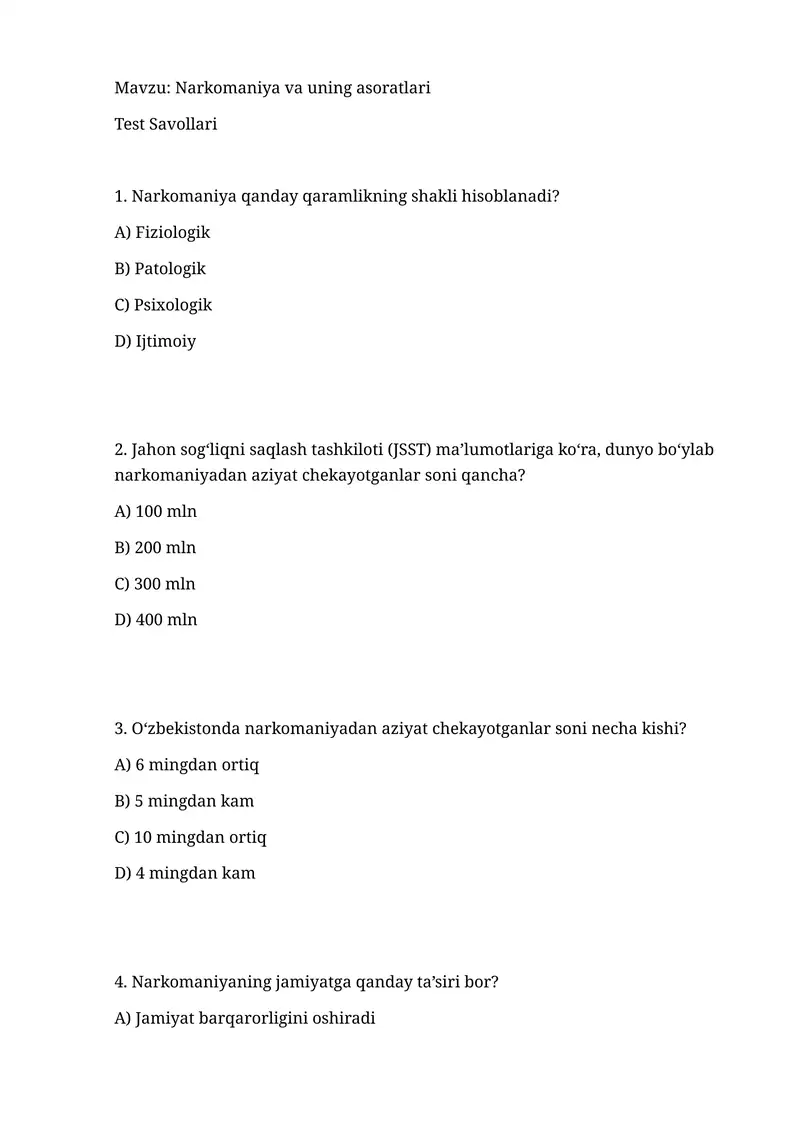 Narkomaniya va uning asoratlari