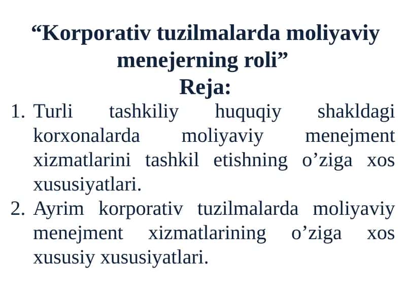 Korporativ tuzilmalarda moliyaviy menejerning roli