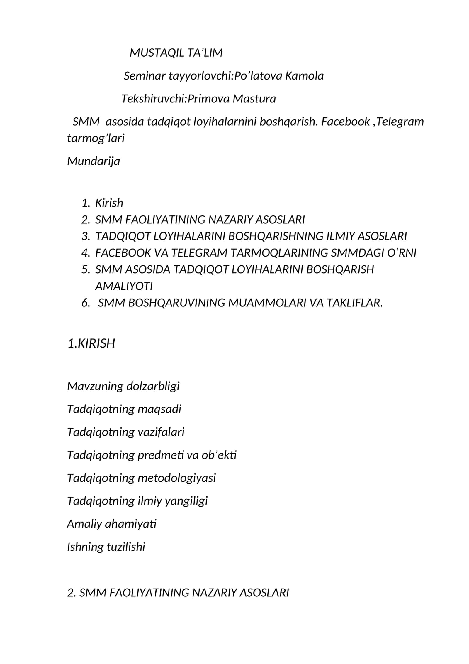 SMM asosida tadqiqot loyihalarnini boshqarish