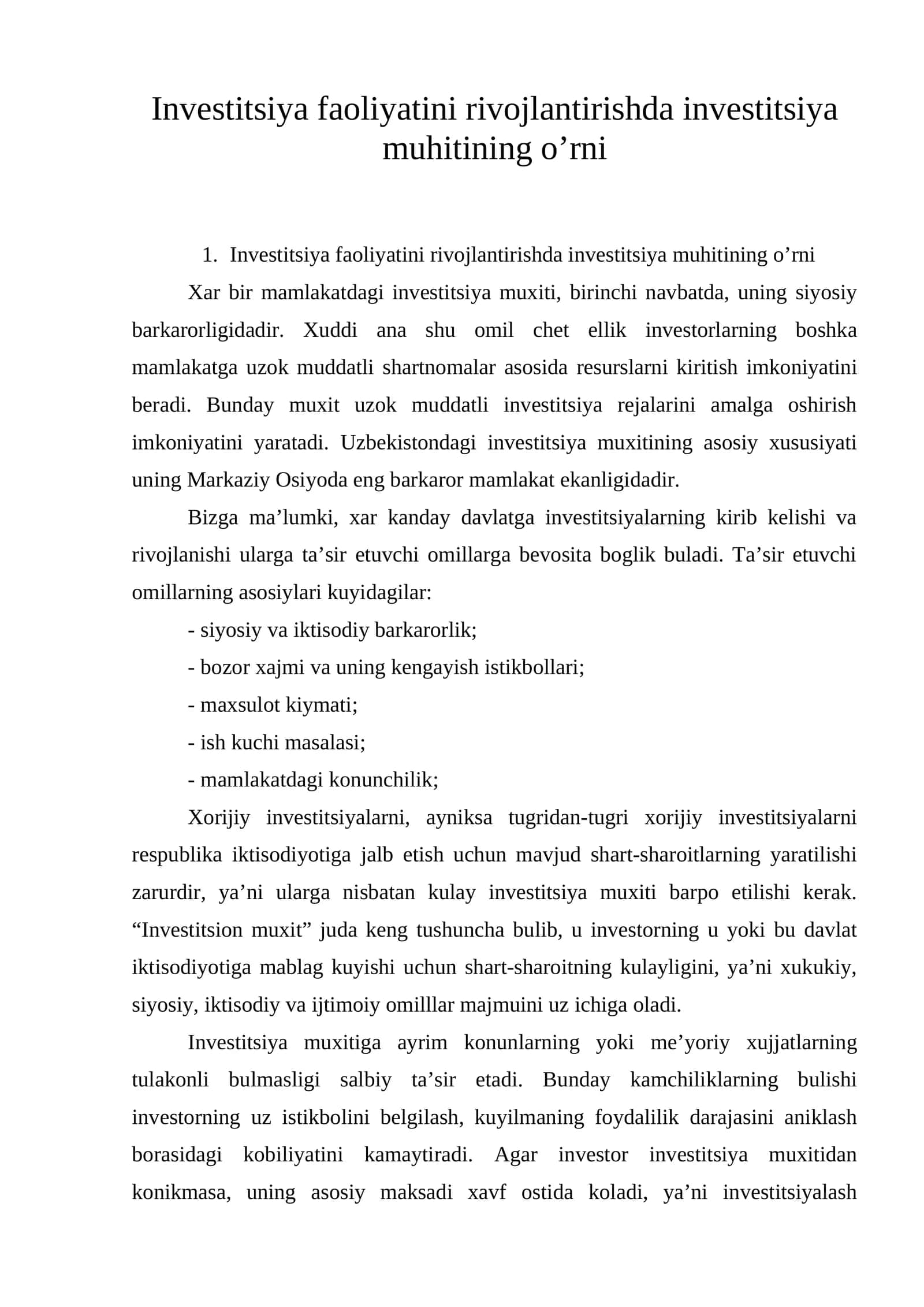 Invеstitsiya faоliyatini rivоjlantirishda invеstitsiya muhitining o’rni