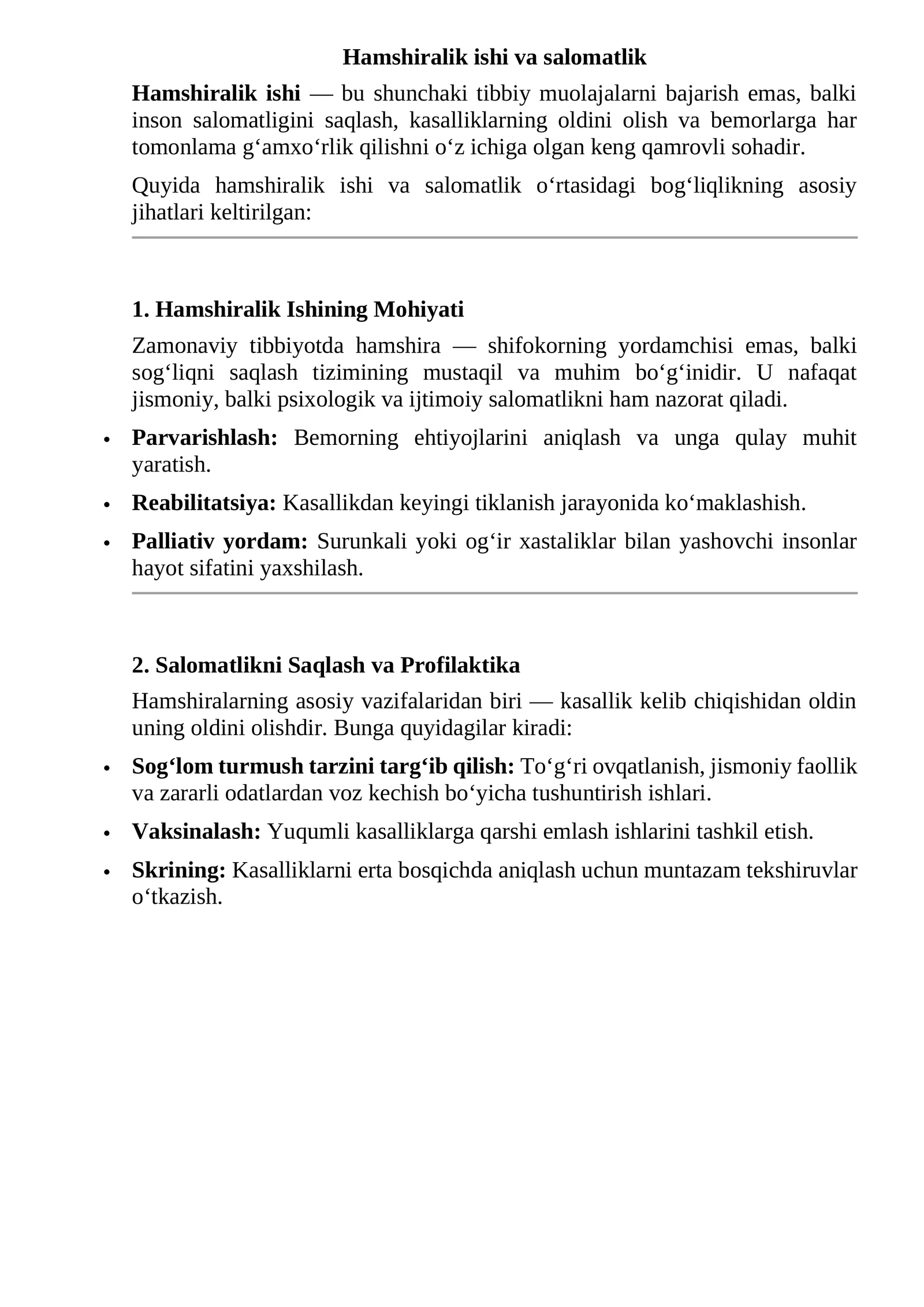 Hamshiralik ishi va salomatlik