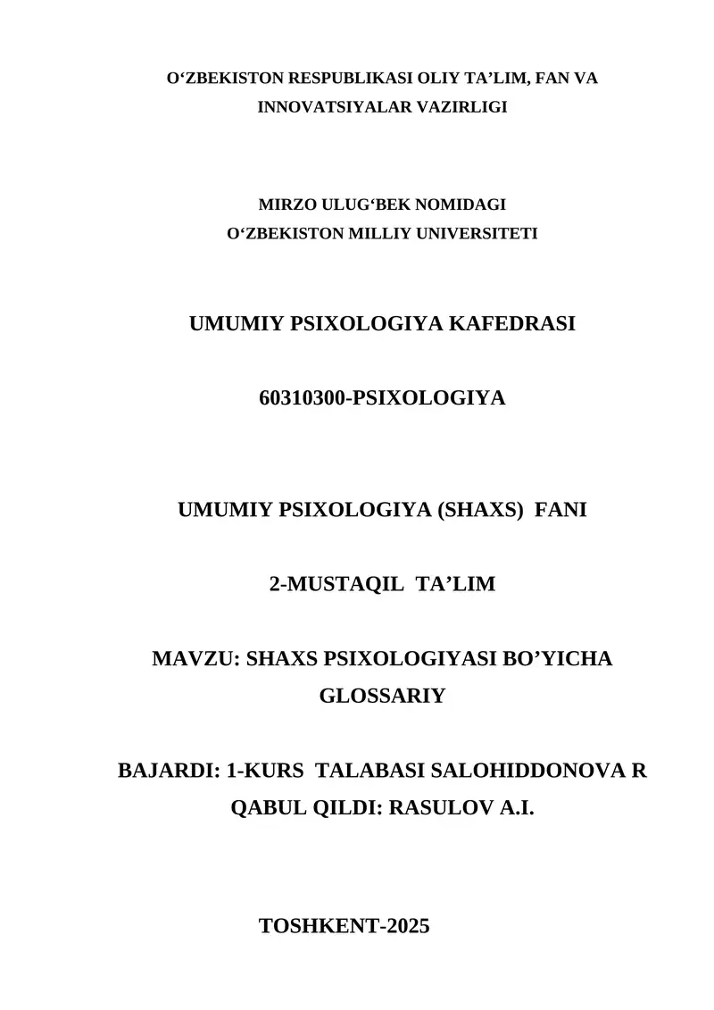 SHAXS PSIXOLOGIYASI BO’YICHA GLOSSARIY