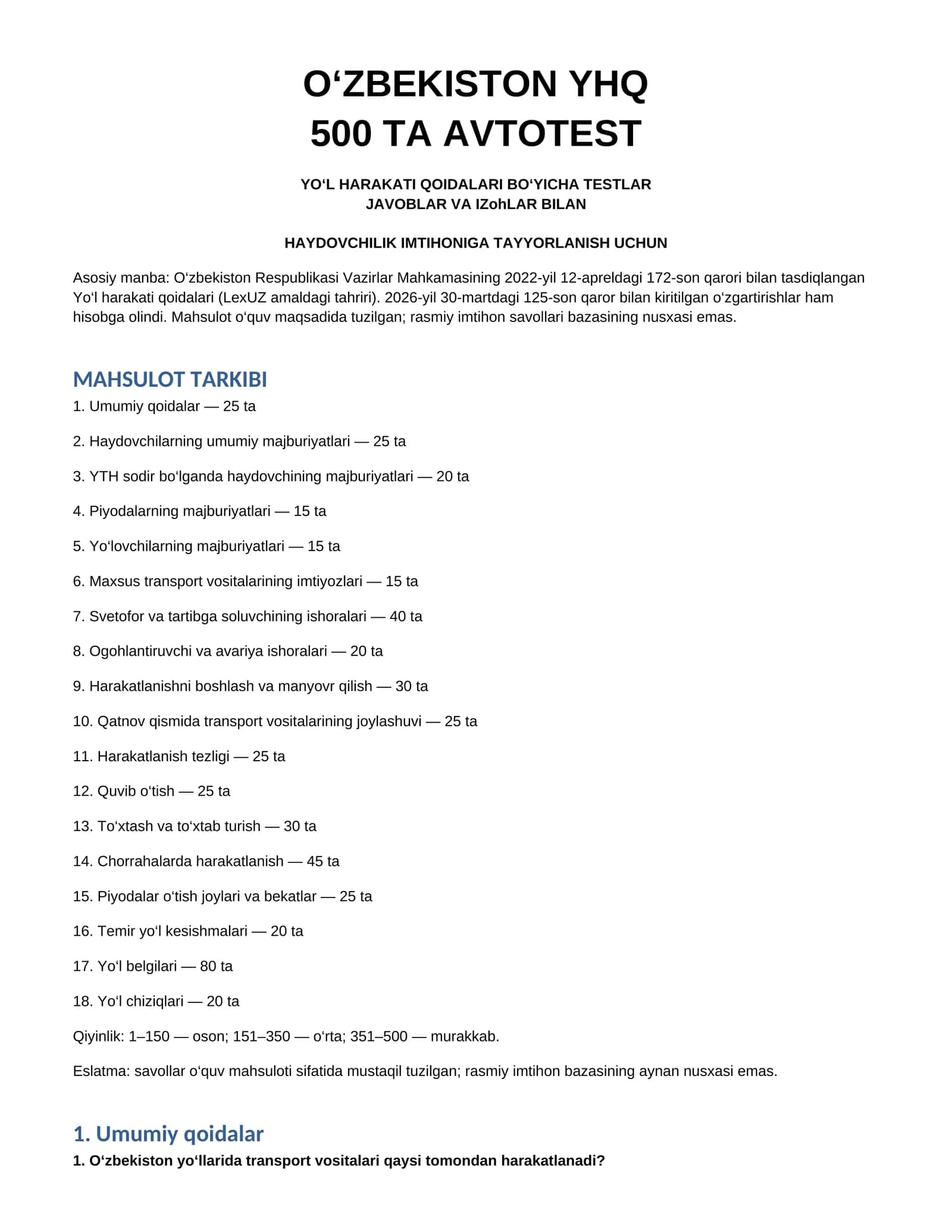 O‘zbekiston YHQ — 500 ta avtotest savollari va javoblari