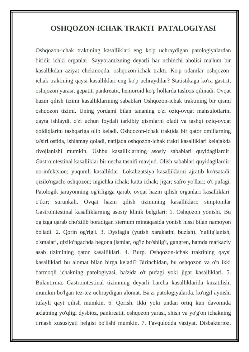 OSHQOZON-ICHAK TRAKTI PATALOGIYASI