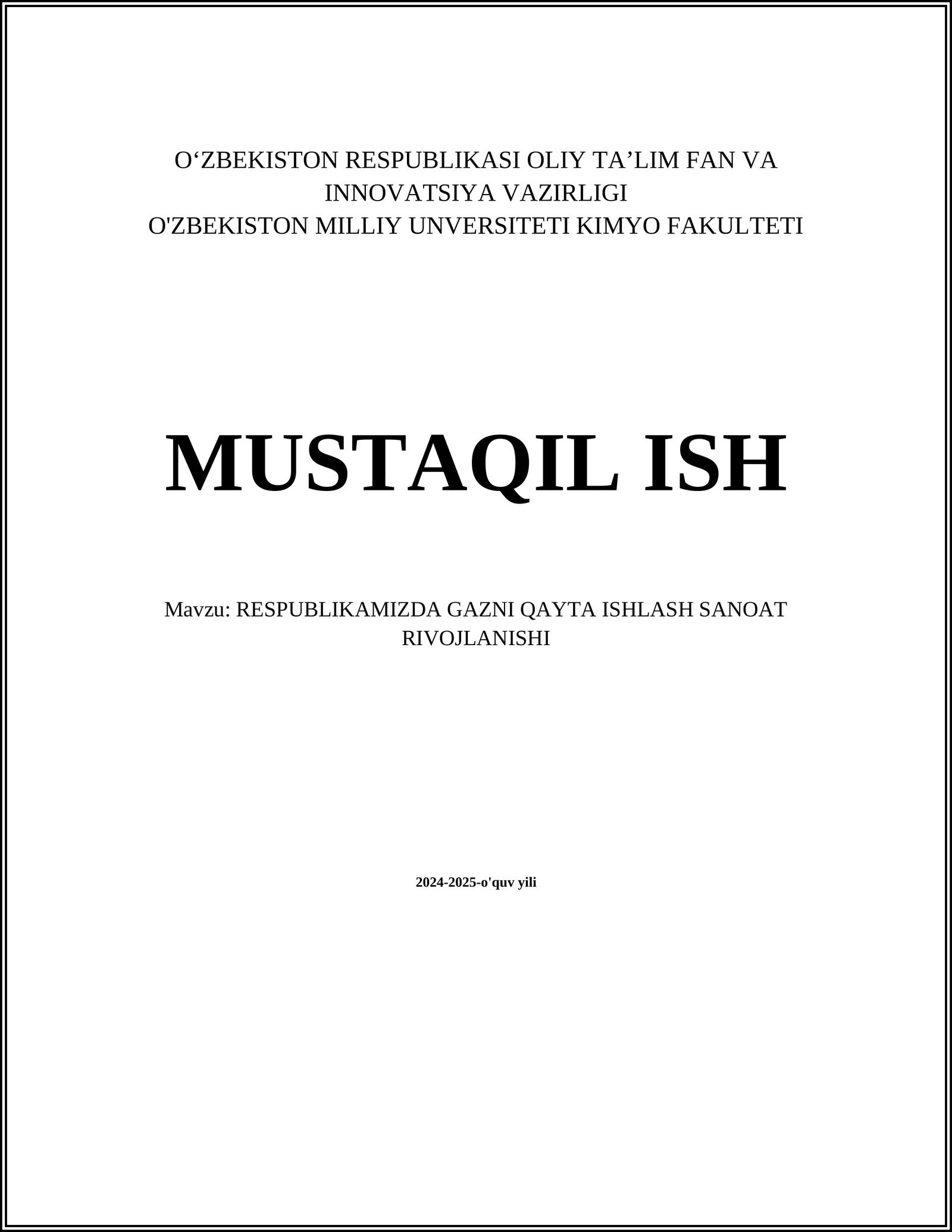 RESPUBLIKAMIZDA GAZNI QAYTA ISHLASH SANOAT RIVOJLANISHI