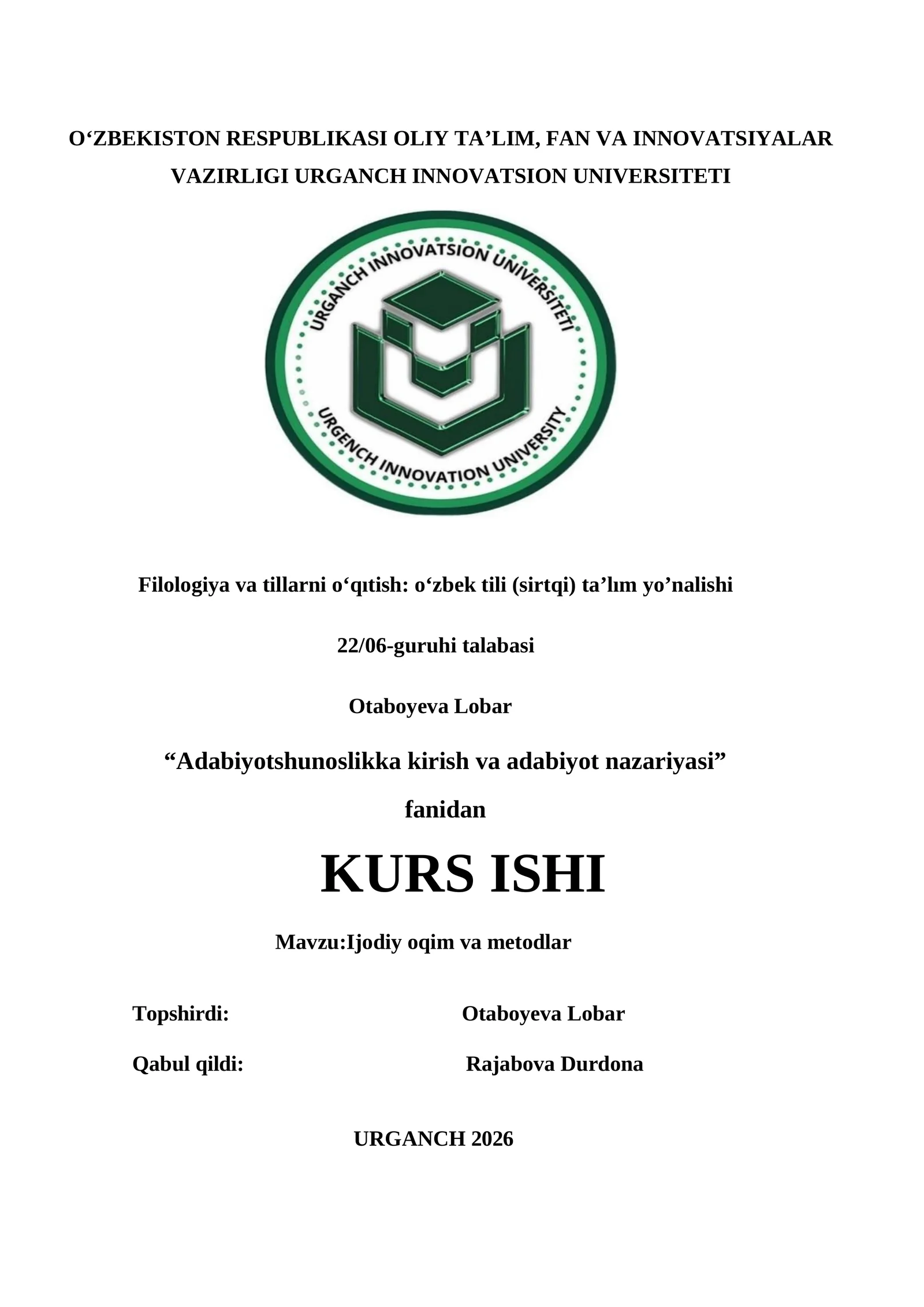 Filologiya va tillarni o‘qıtish: o‘zbek tili (sirtqi) ta’lım yo’nalishi