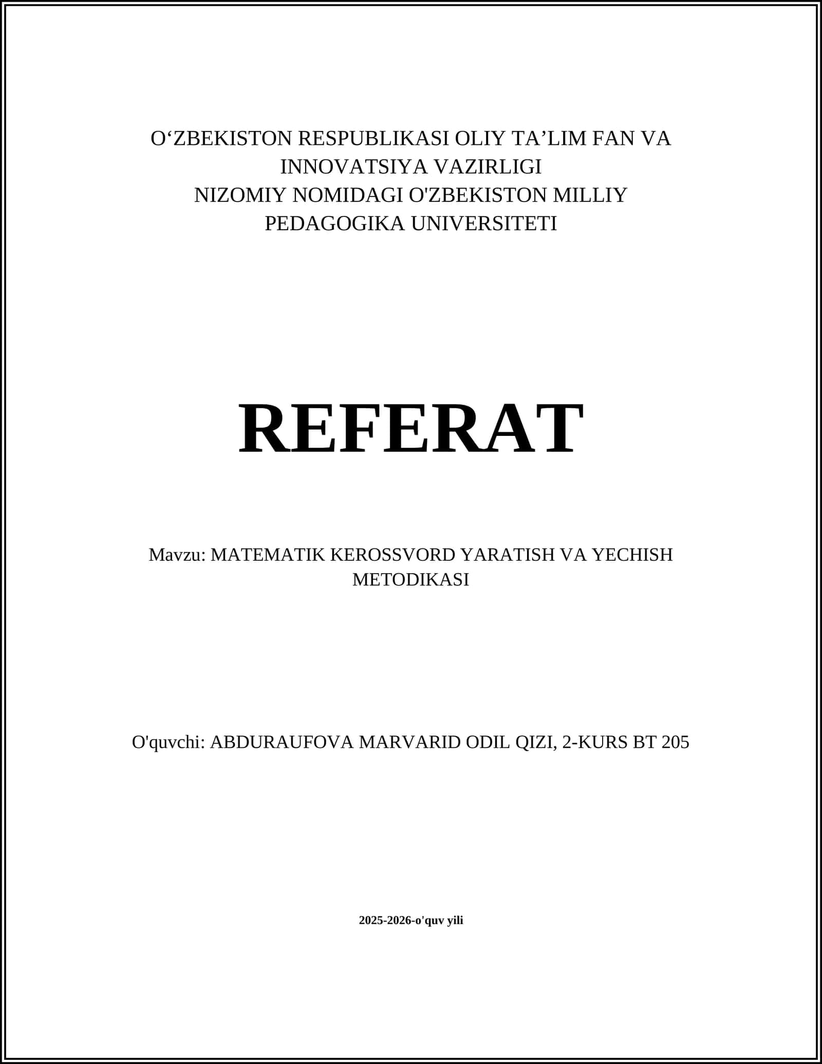 MATEMATIK KEROSSVORD YARATISH VA YECHISH METODIKASI