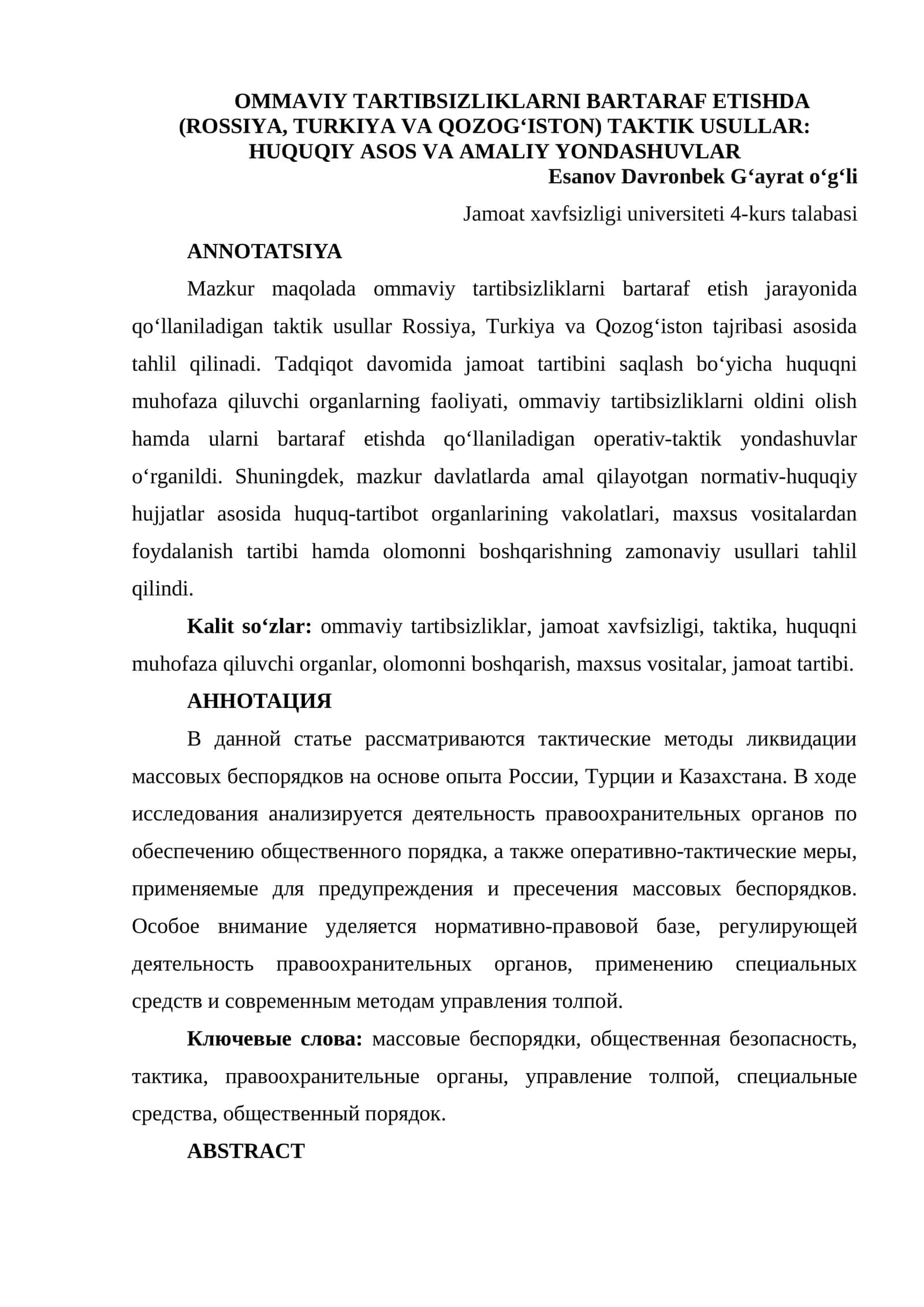 OMMAVIY TARTIBSIZLIKLARNI BARTARAF ETISHDA (ROSSIYA, TURKIYA VA QOZOG‘ISTON) TAKTIK USULLAR: HUQUQIY ASOS VA AMALIY YONDASHUVLAR