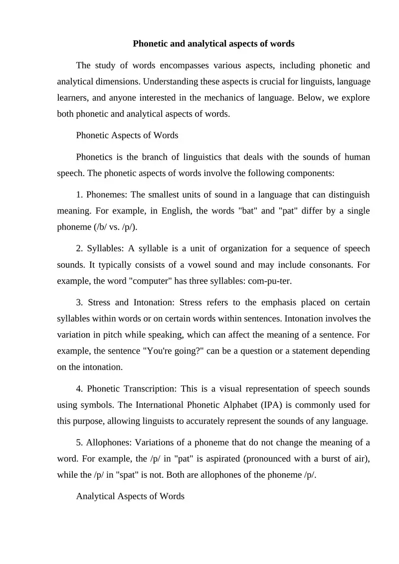 Phonetic and analytical aspects of words