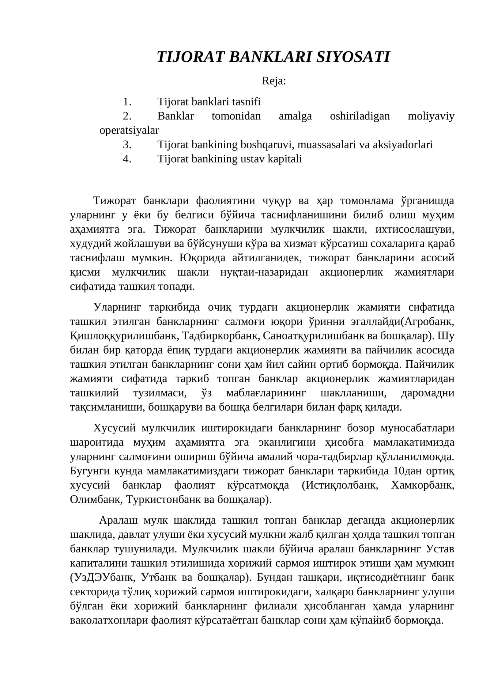 TIJORAT BANKLARI SIYOSATI
