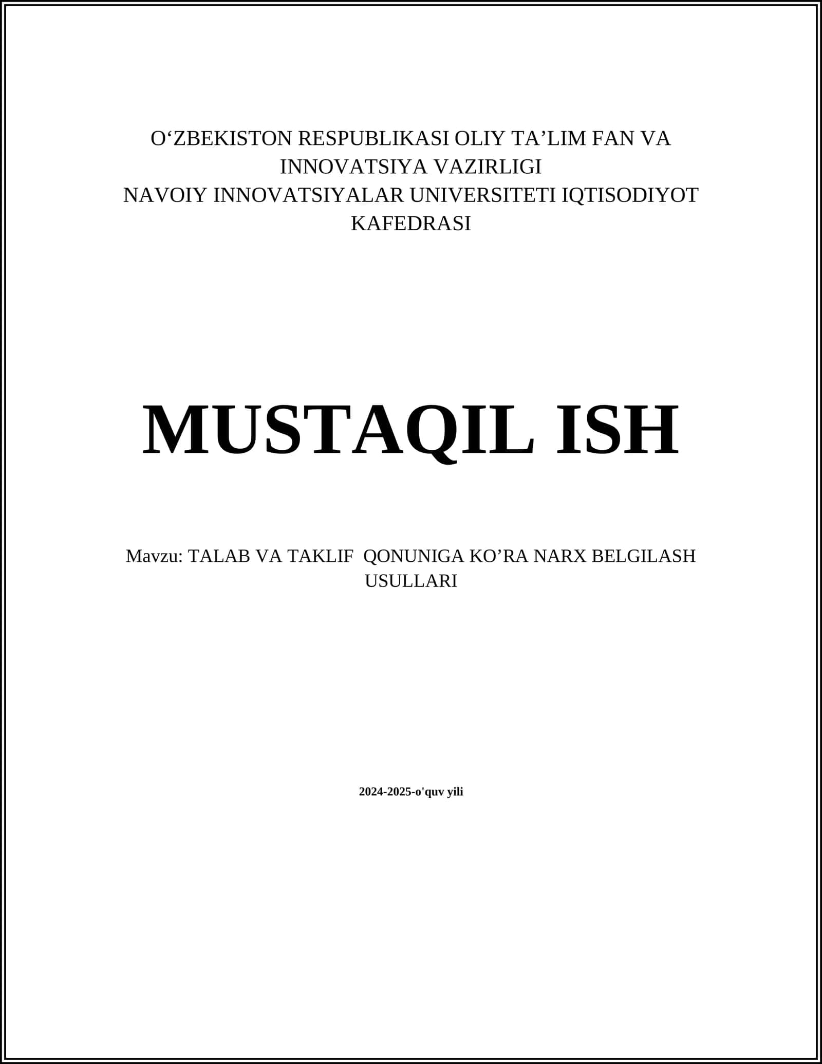 TALAB VA TAKLIF QONUNIGA KOβRA NARX BELGILASH USULLARI