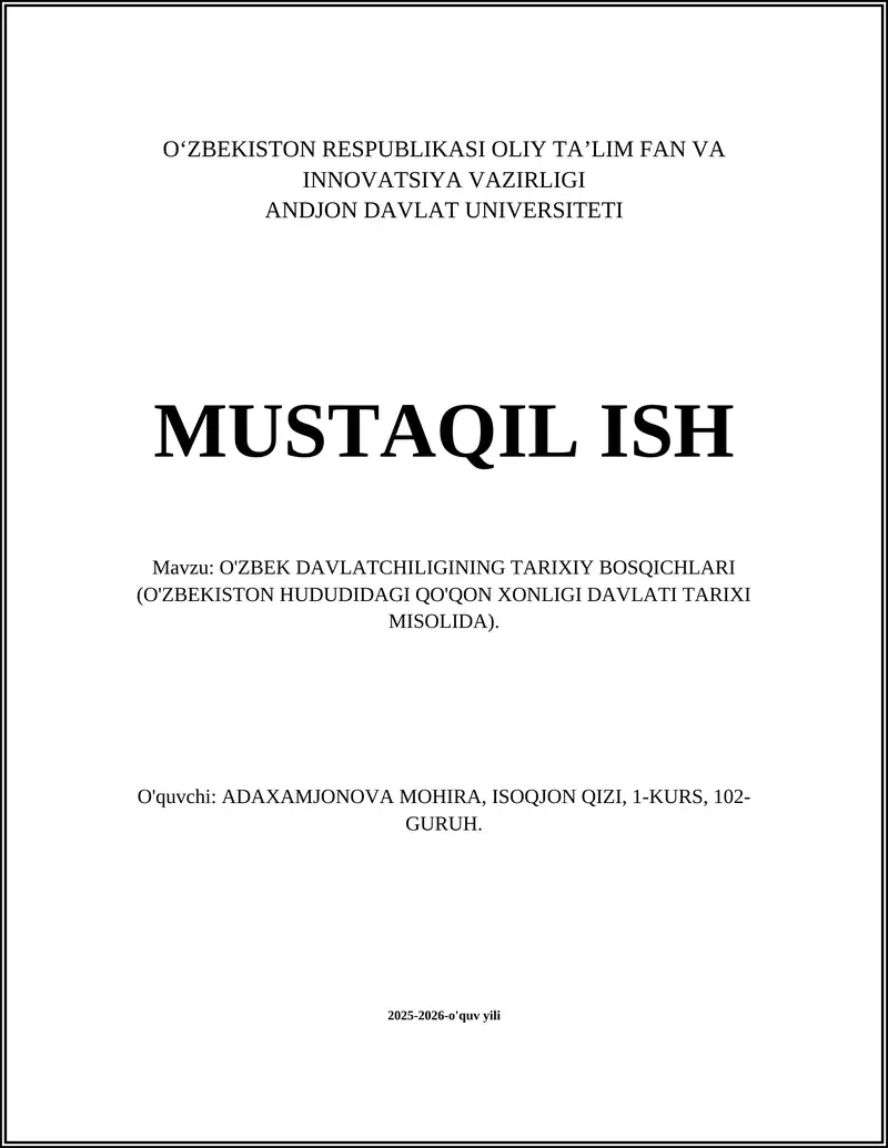 O'ZBEK DAVLATCHILIGINING TARIXIY BOSQICHLARI