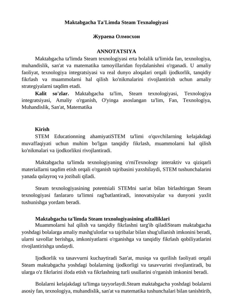 Maktabgacha Ta'Limda Steam Texnalogiyasi